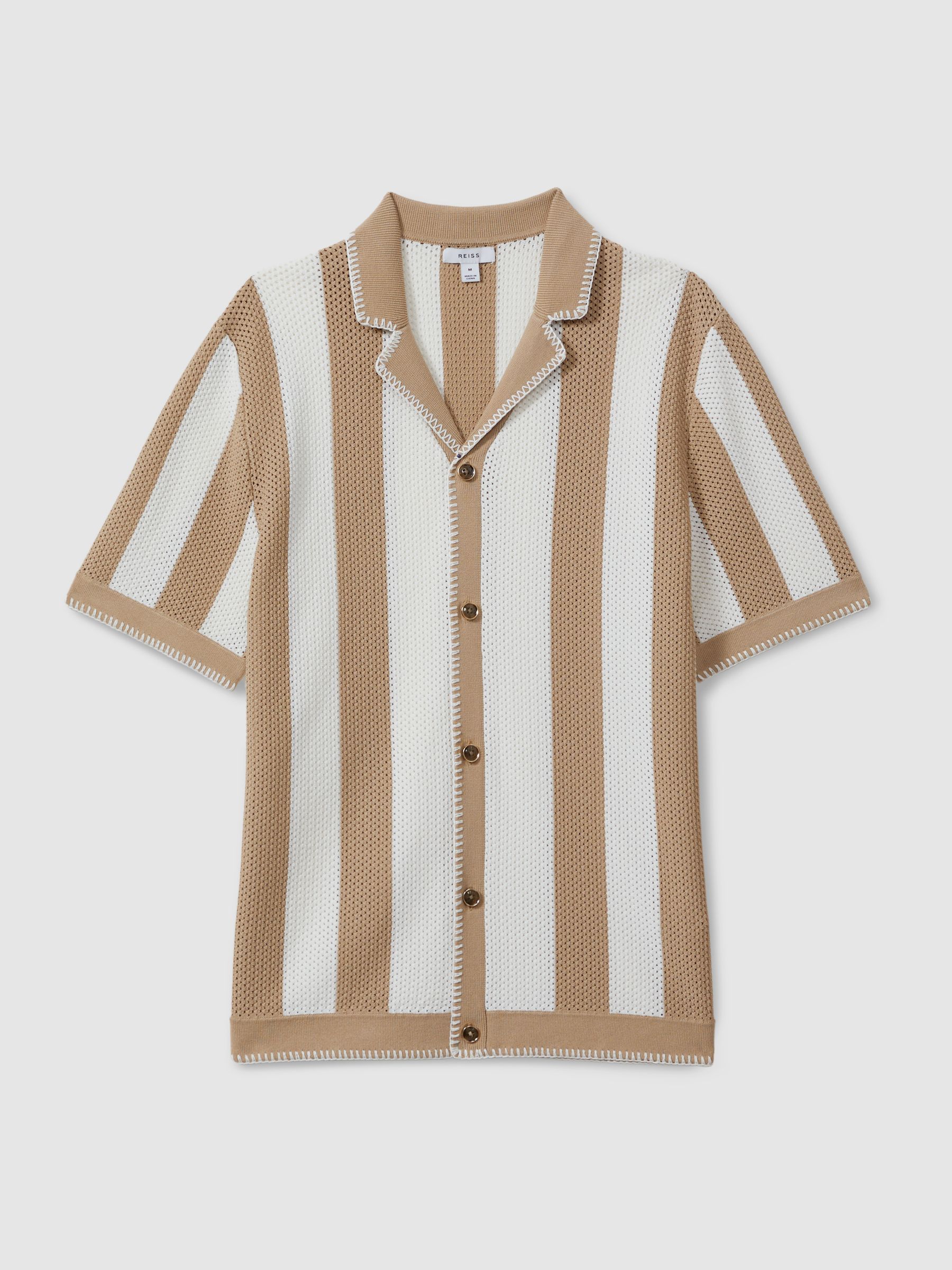 Knitted Cuban Collar Shirt in Stone/Optic White - Image 2 of 5
