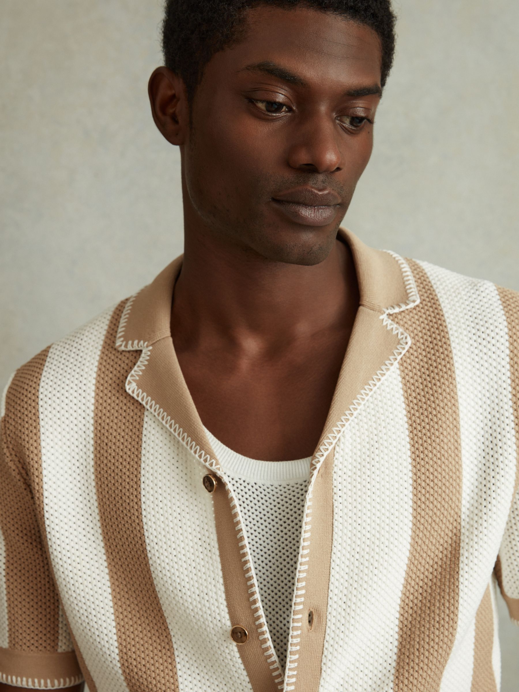 Knitted Cuban Collar Shirt in Stone/Optic White - Image 3 of 5