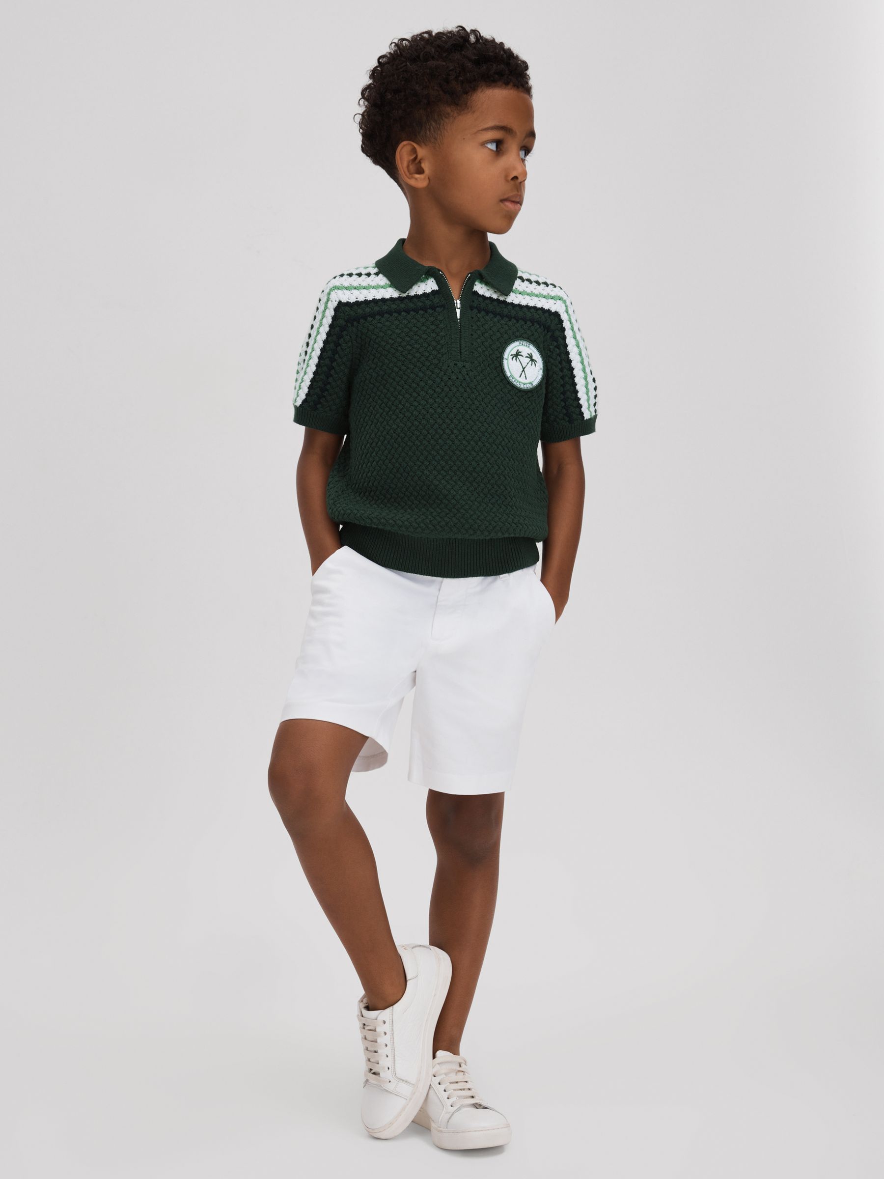 9-13 yrs Textured Cotton Half-Zip Polo Shirt in Dark Green - Image 3 of 4