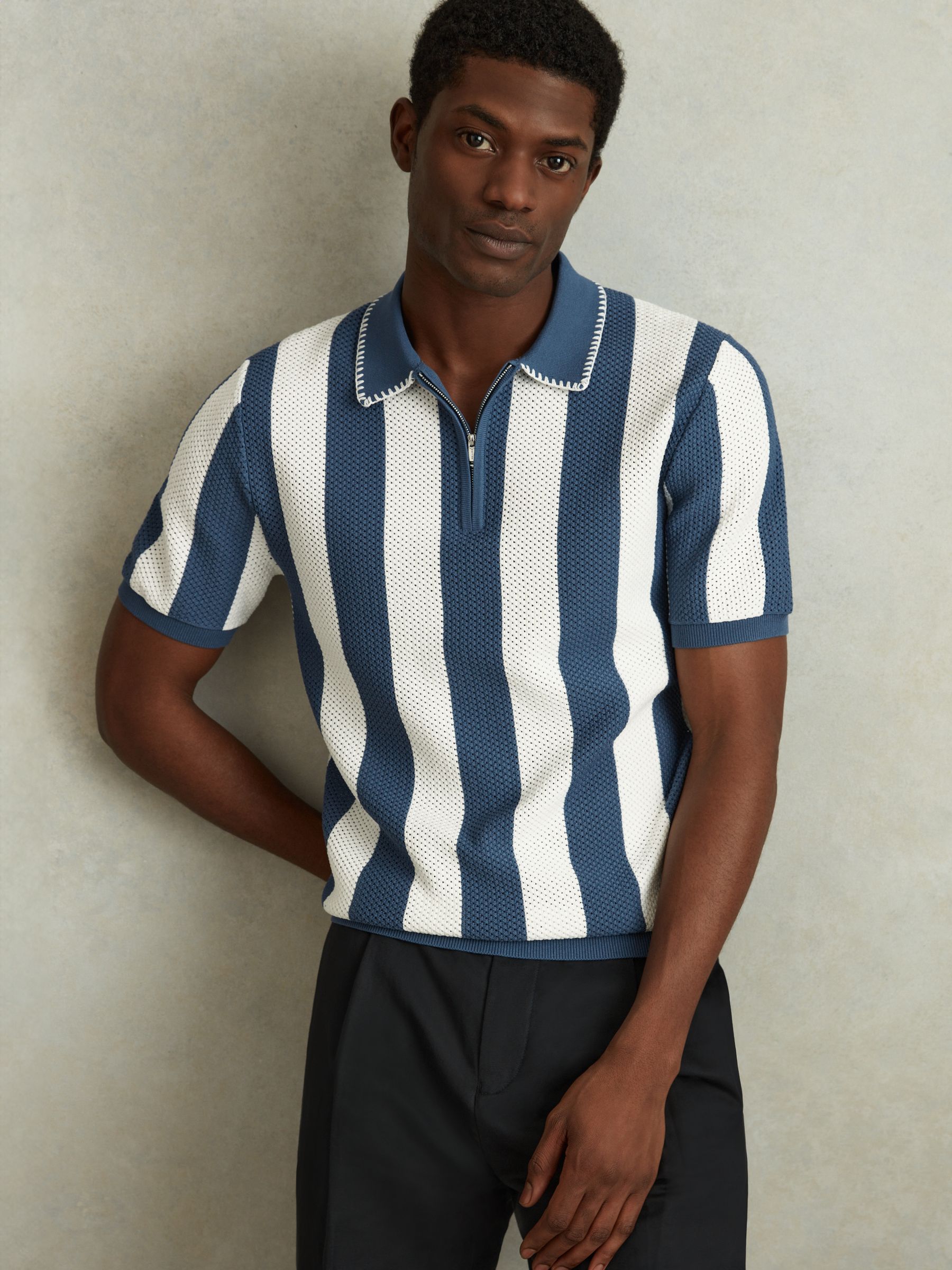 Knitted Half-Zip Polo Shirt in Airforce Blue/Ecru - Image 1 of 5