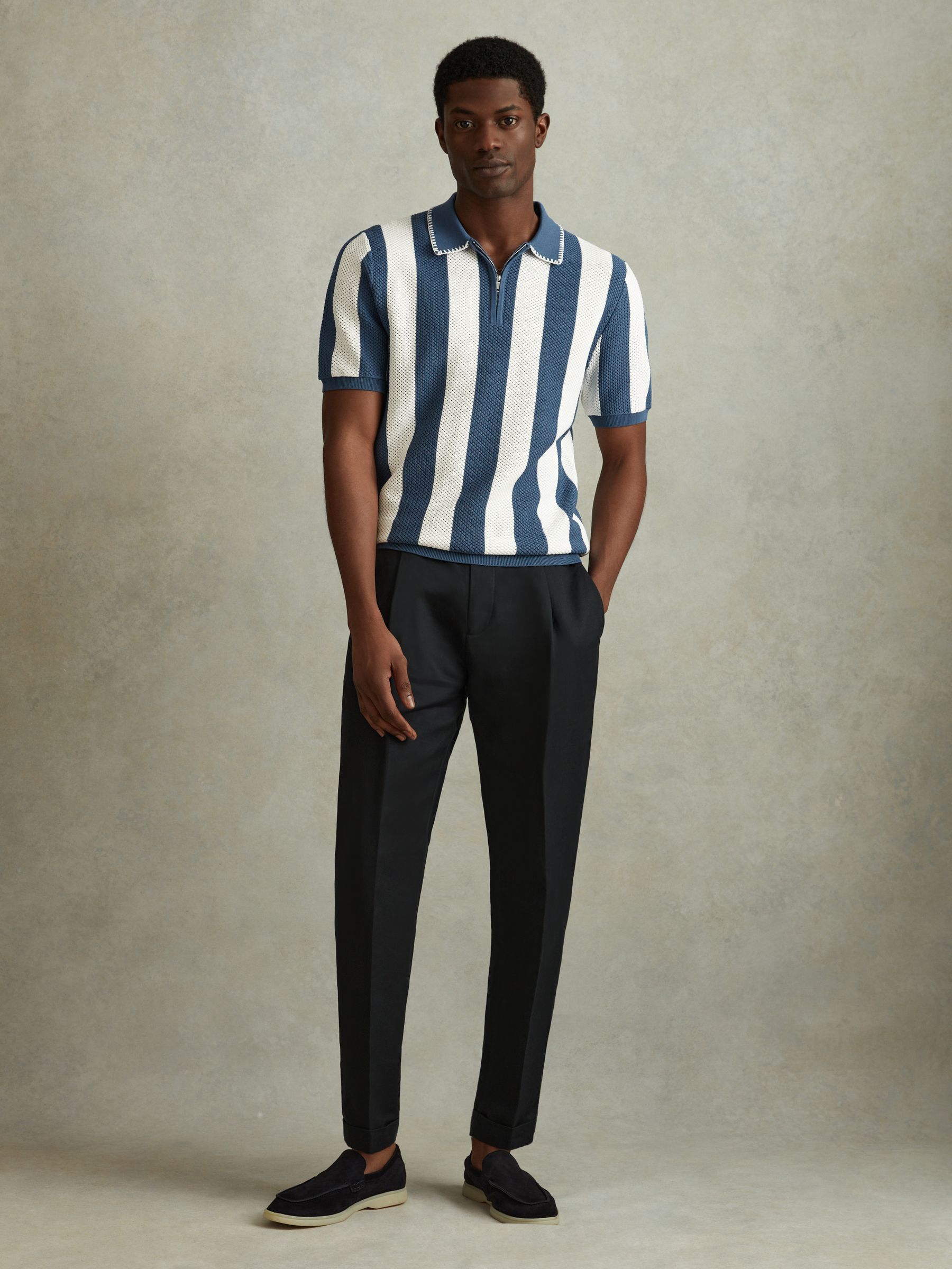 Knitted Half-Zip Polo Shirt in Airforce Blue/Ecru - Image 3 of 5