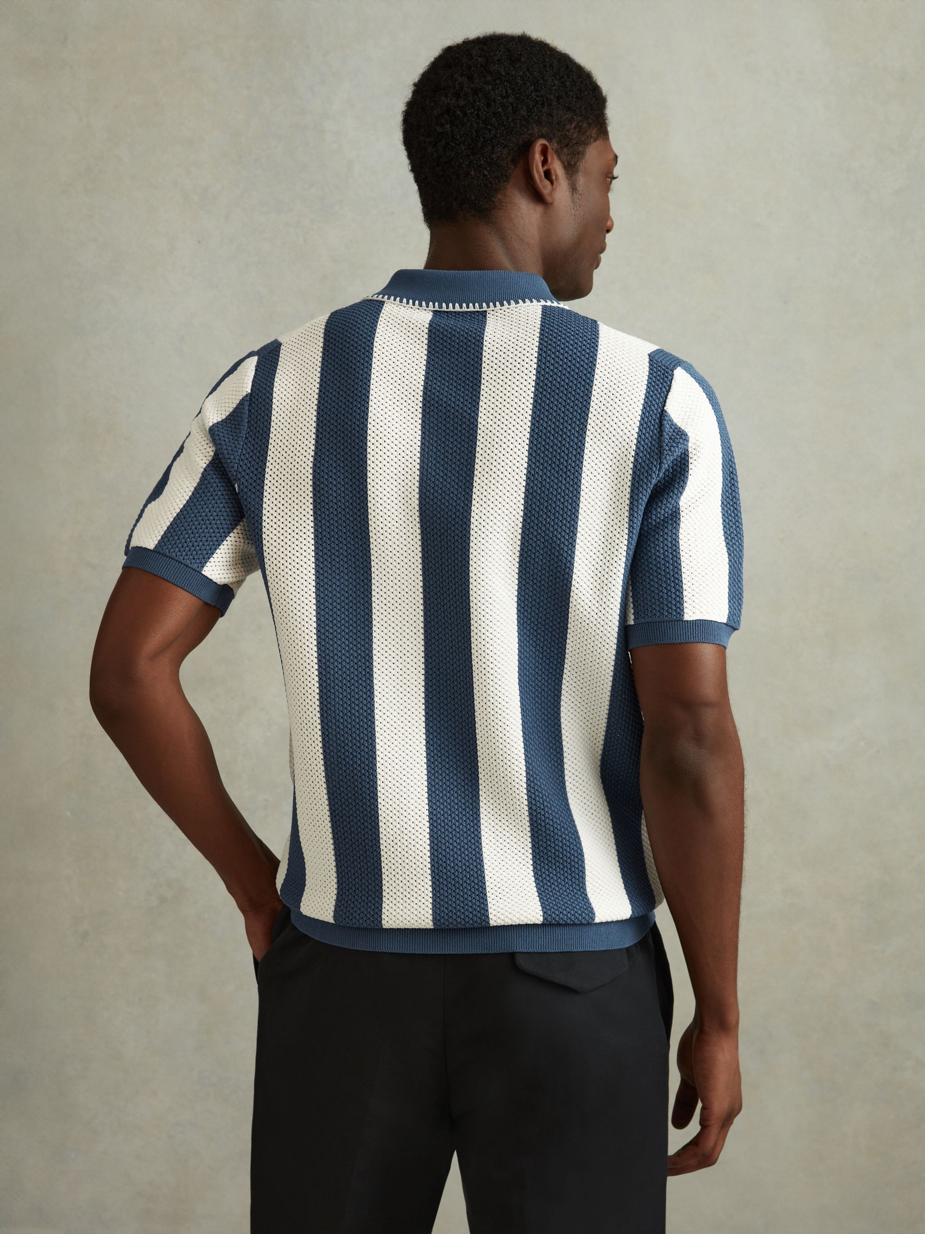 Knitted Half-Zip Polo Shirt in Airforce Blue/Ecru - Image 4 of 5