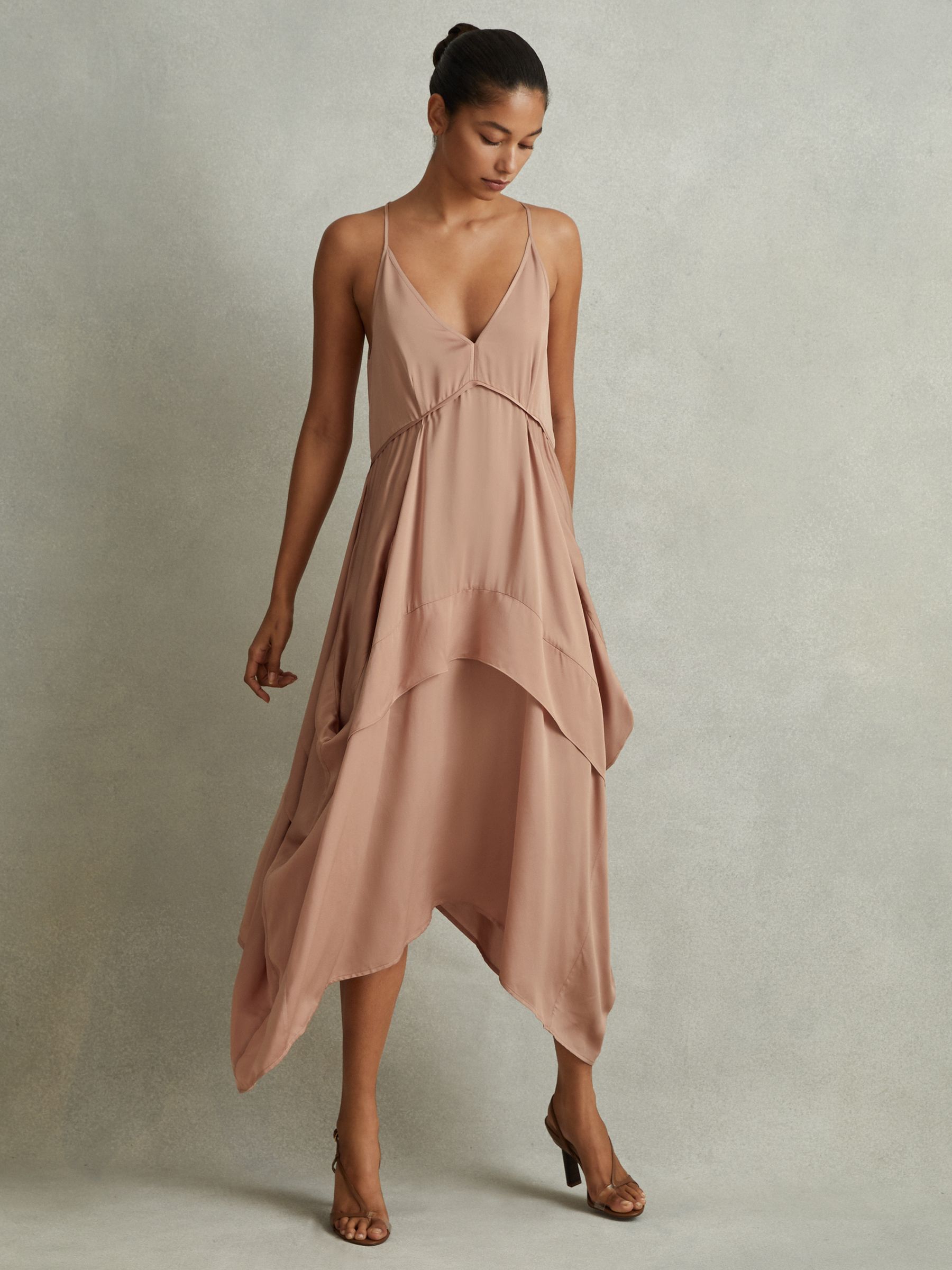 Viscose Side Pleat Asymmetric Midi Dress in Nude - Image 1 of 5