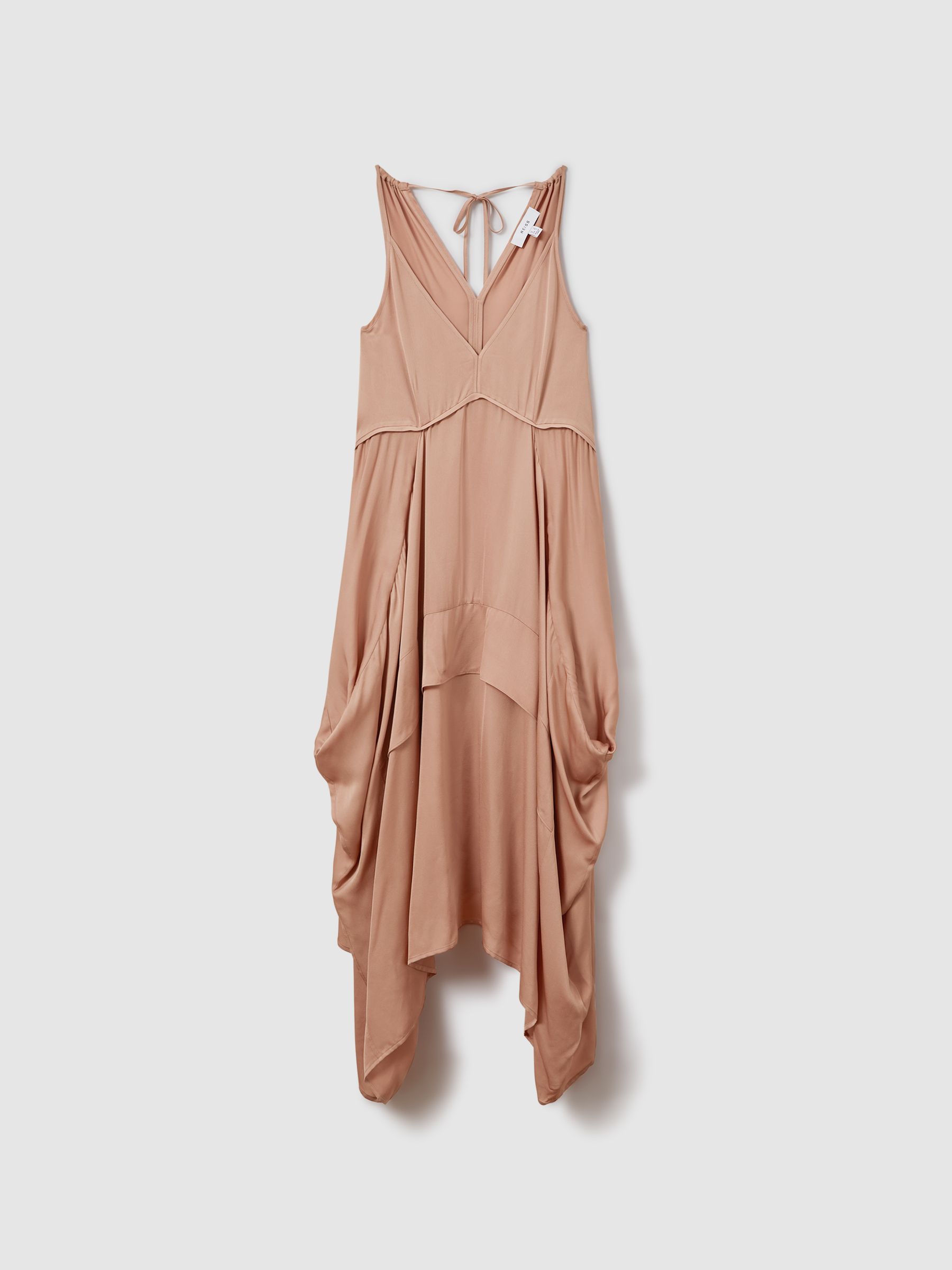 Viscose Side Pleat Asymmetric Midi Dress in Nude - Image 2 of 5