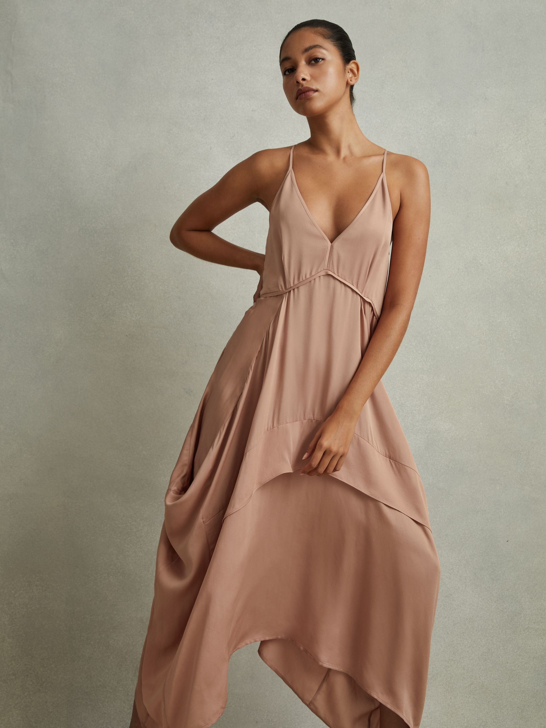 Viscose Side Pleat Asymmetric Midi Dress in Nude - Image 3 of 5