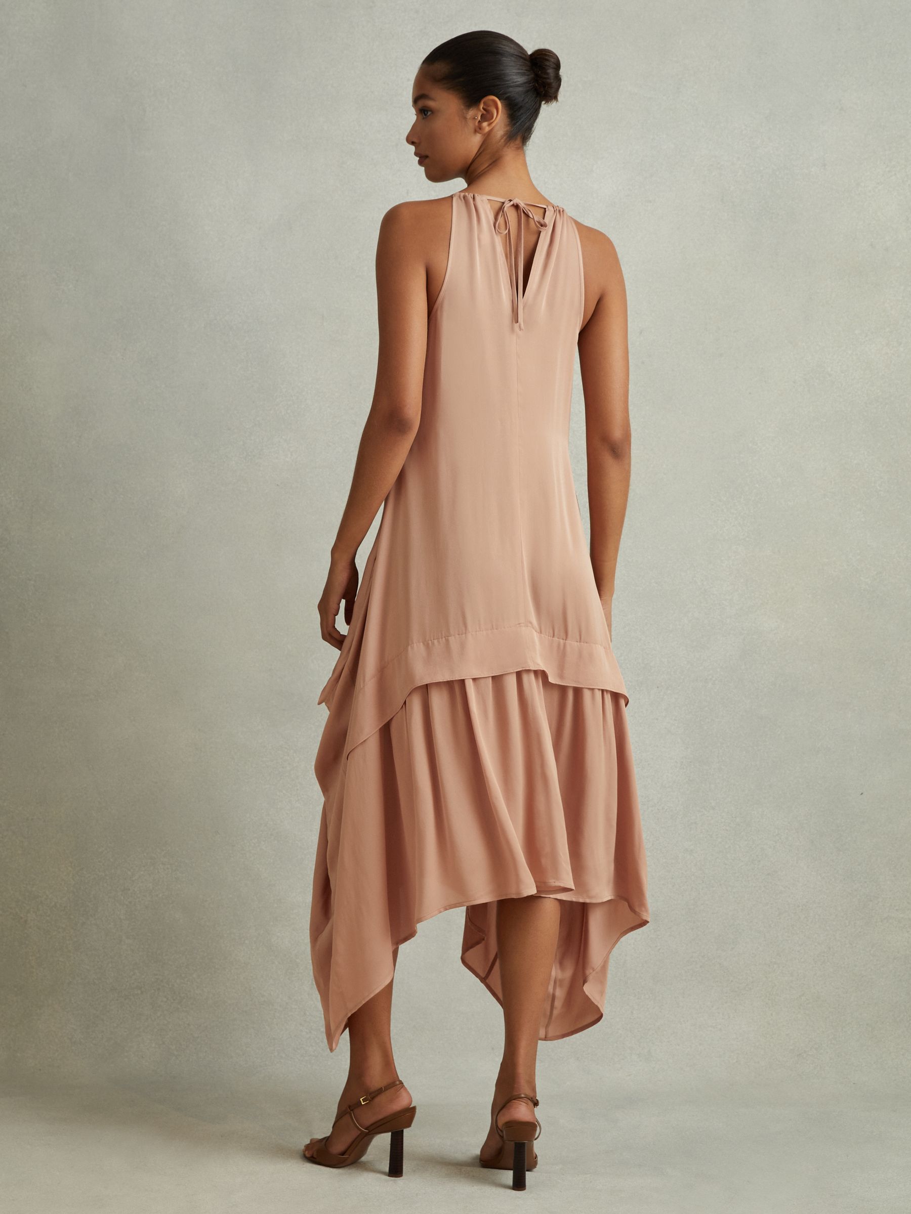 Viscose Side Pleat Asymmetric Midi Dress in Nude - Image 4 of 5