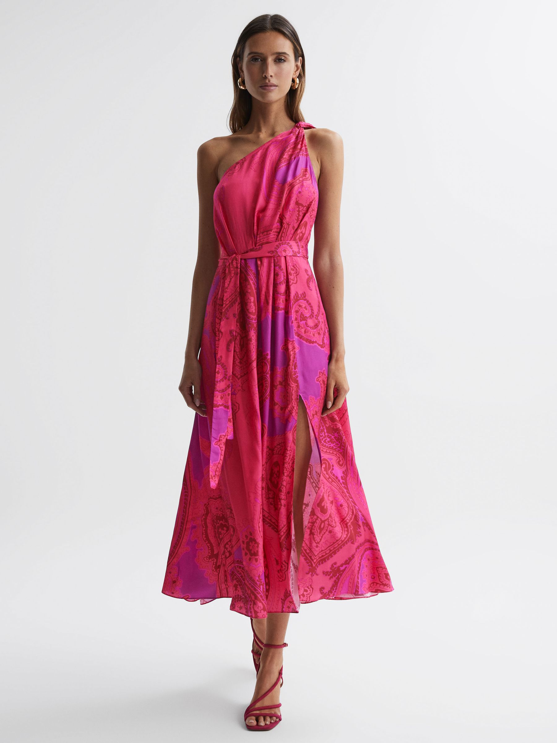 Reiss One Shoulder Paisley Maxi Dress in Pink - REISS