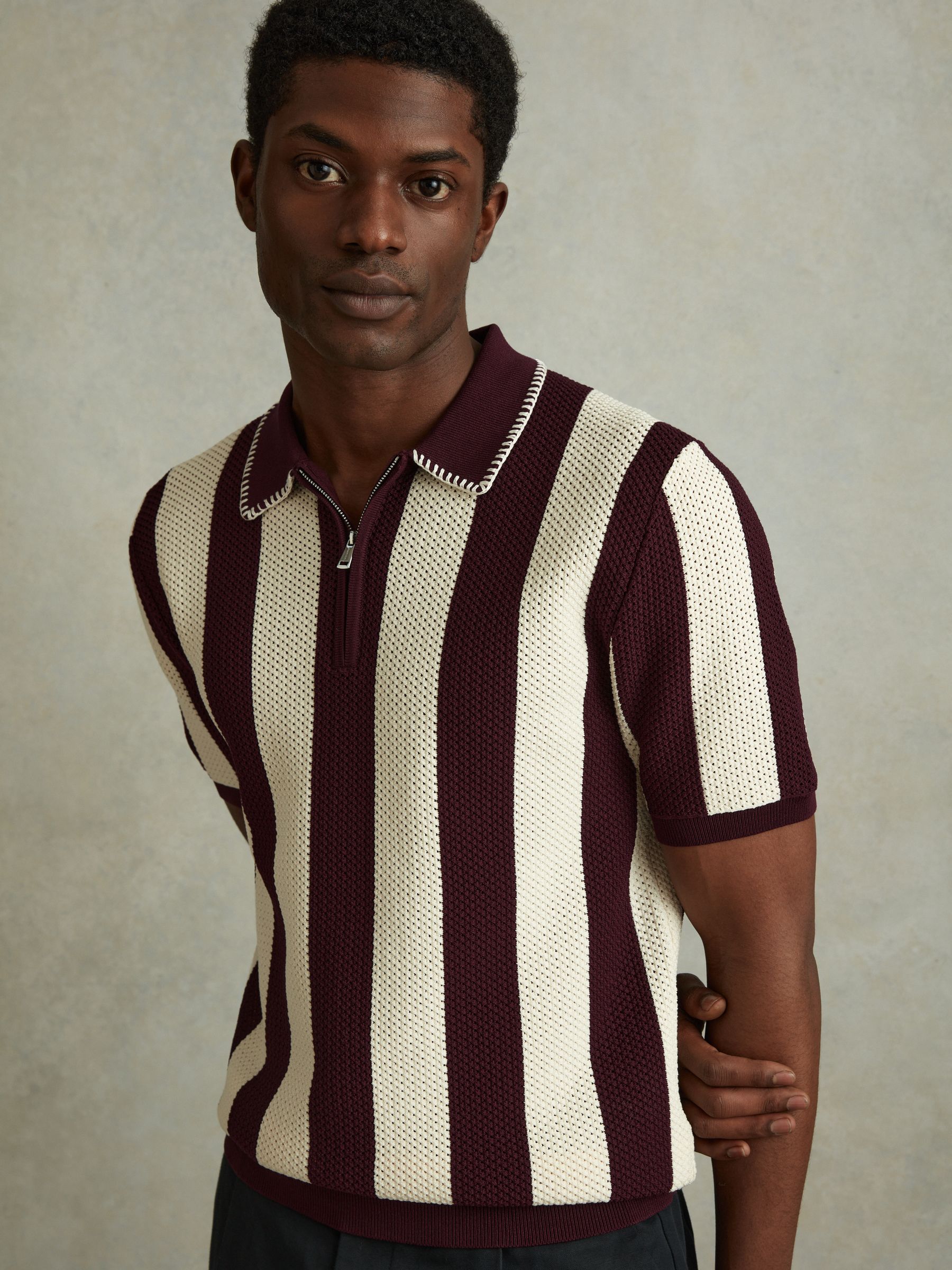 Knitted Half-Zip Polo Shirt in White/Bordeaux - Image 1 of 6 Knitted Half-Zip Polo Shirt in White/Bordeaux - Image 1 of 6