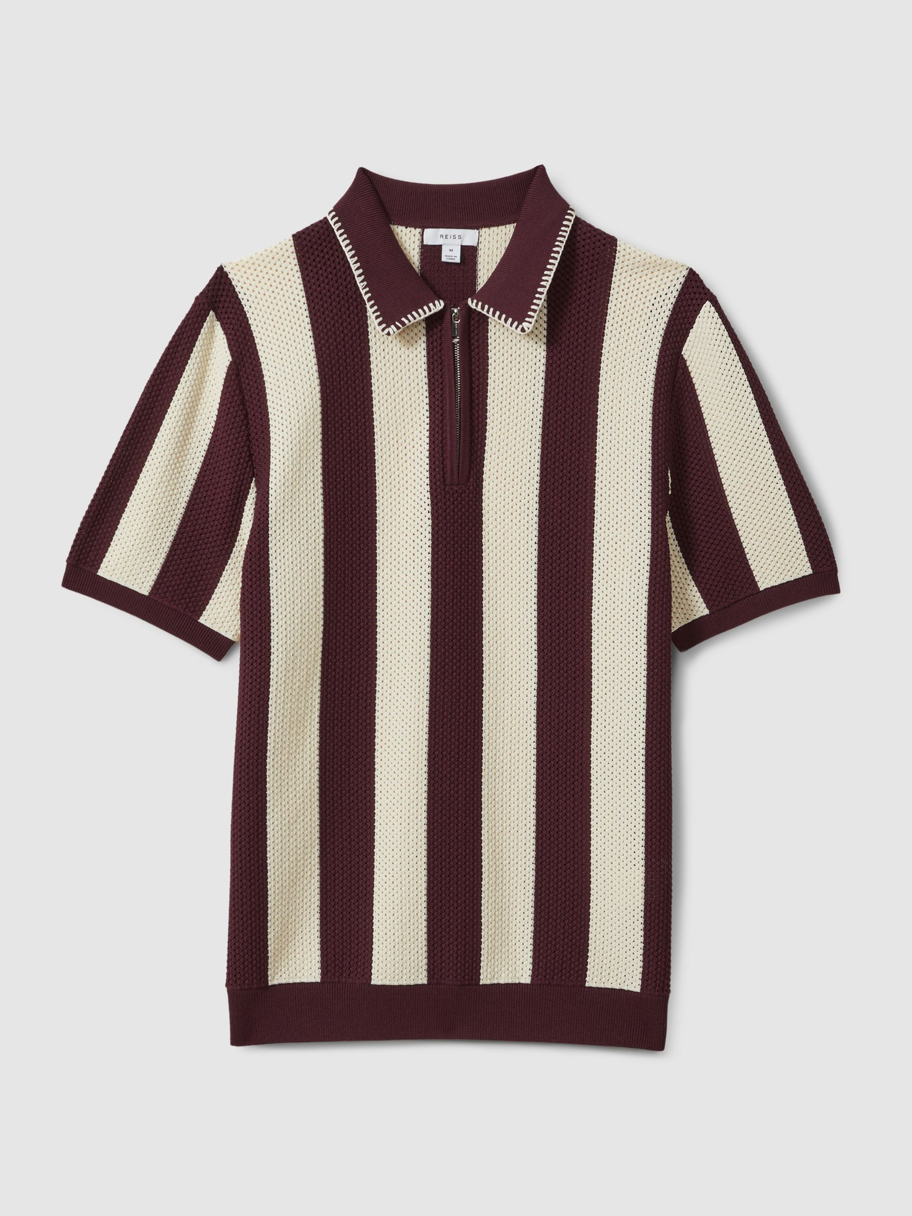 Knitted Half-Zip Polo Shirt in White/Bordeaux - Image 2 of 6