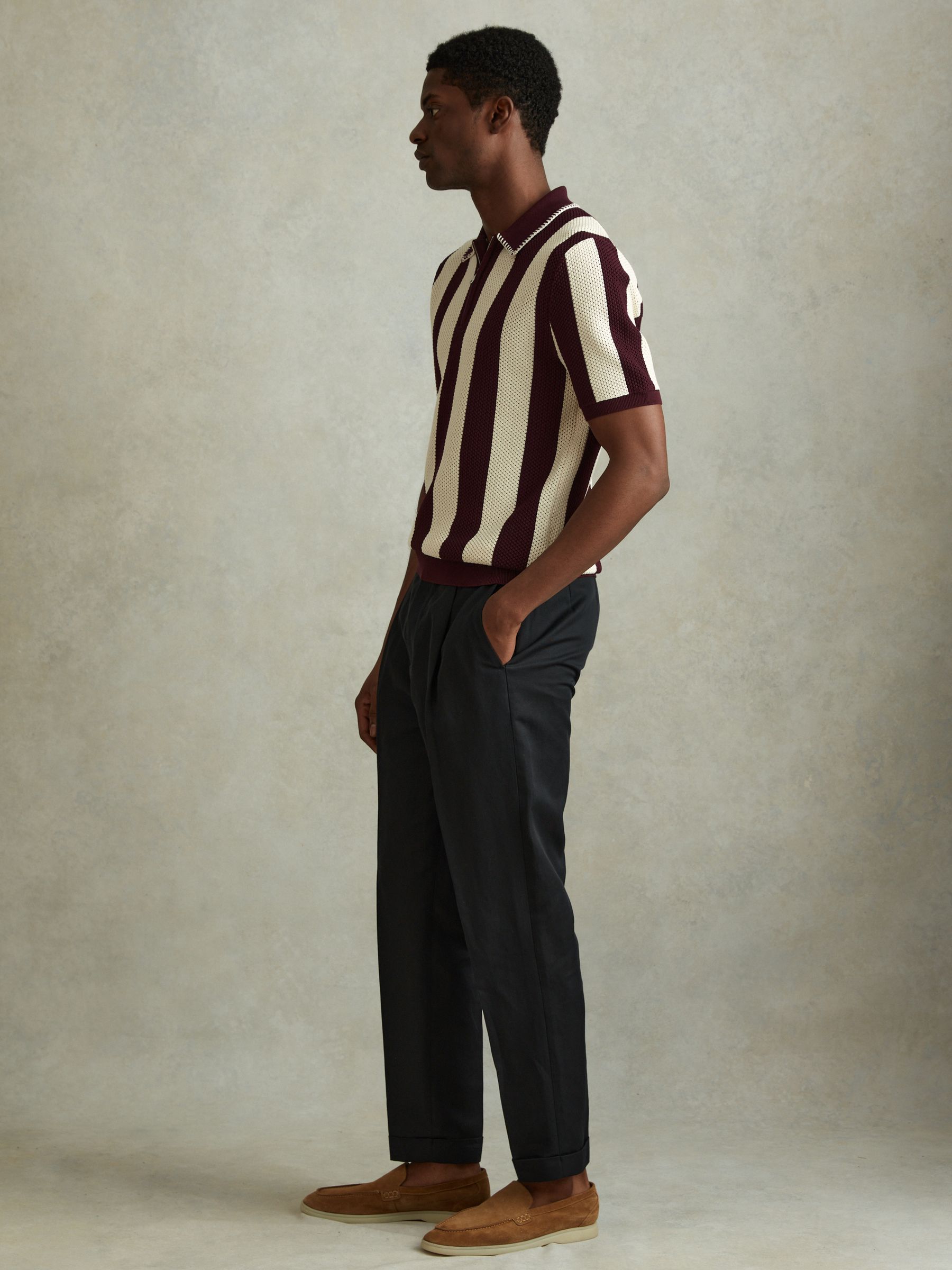 Knitted Half-Zip Polo Shirt in White/Bordeaux - Image 3 of 6