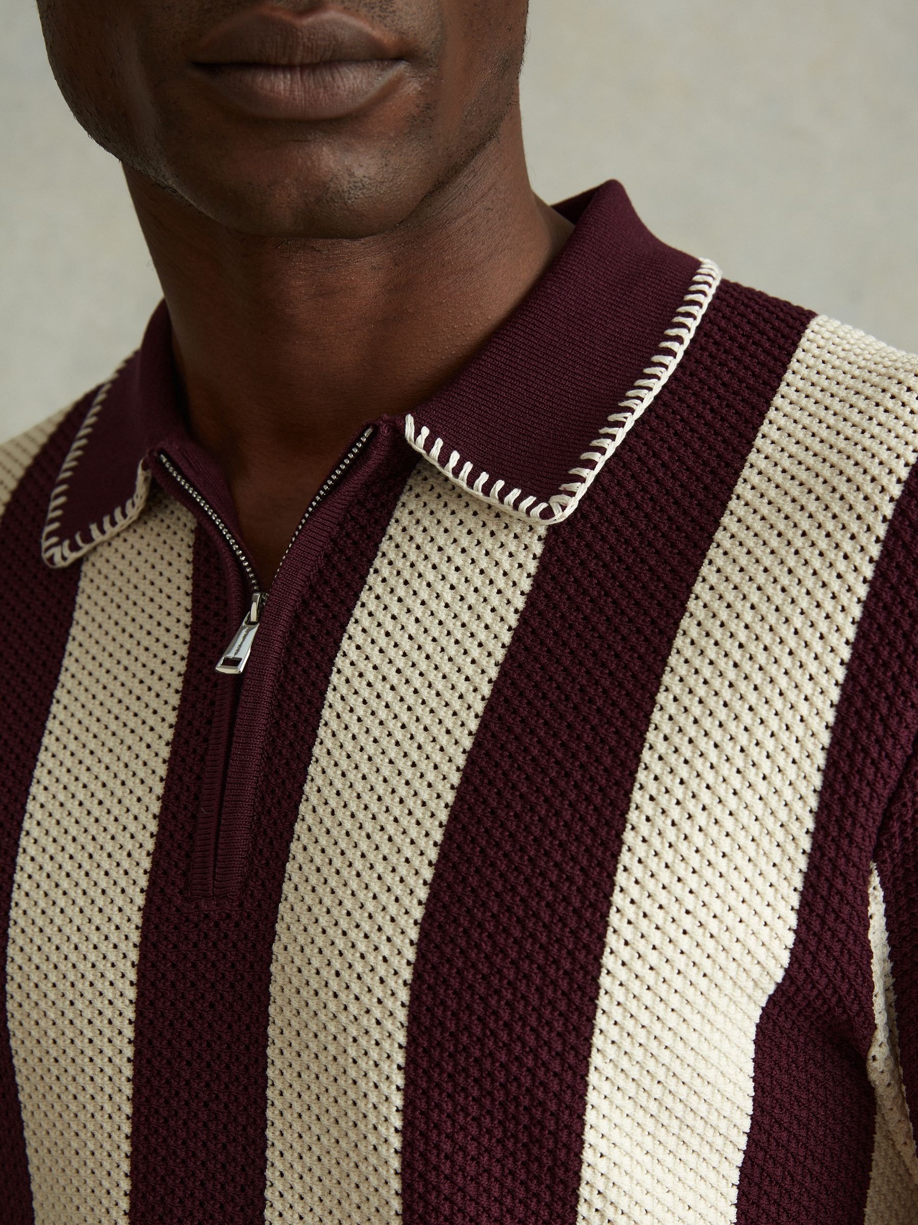 Knitted Half-Zip Polo Shirt in White/Bordeaux - Image 4 of 6