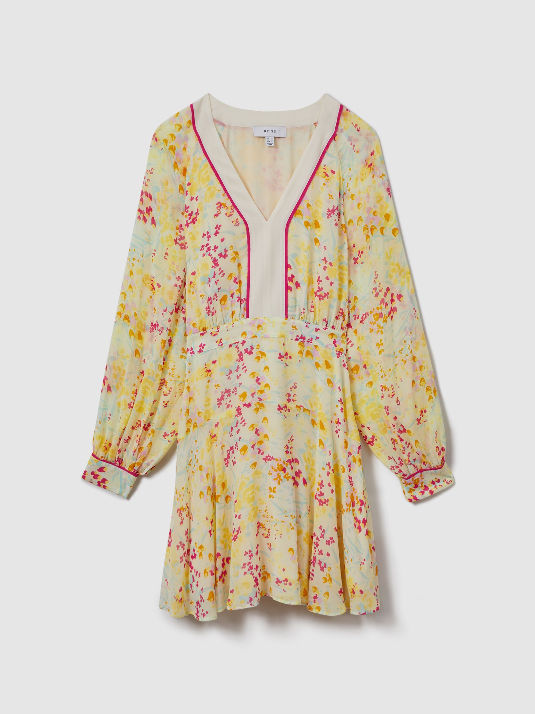 Reiss Floral Print Puff Sleeve Mini Dress in Pink/Yellow | REISS