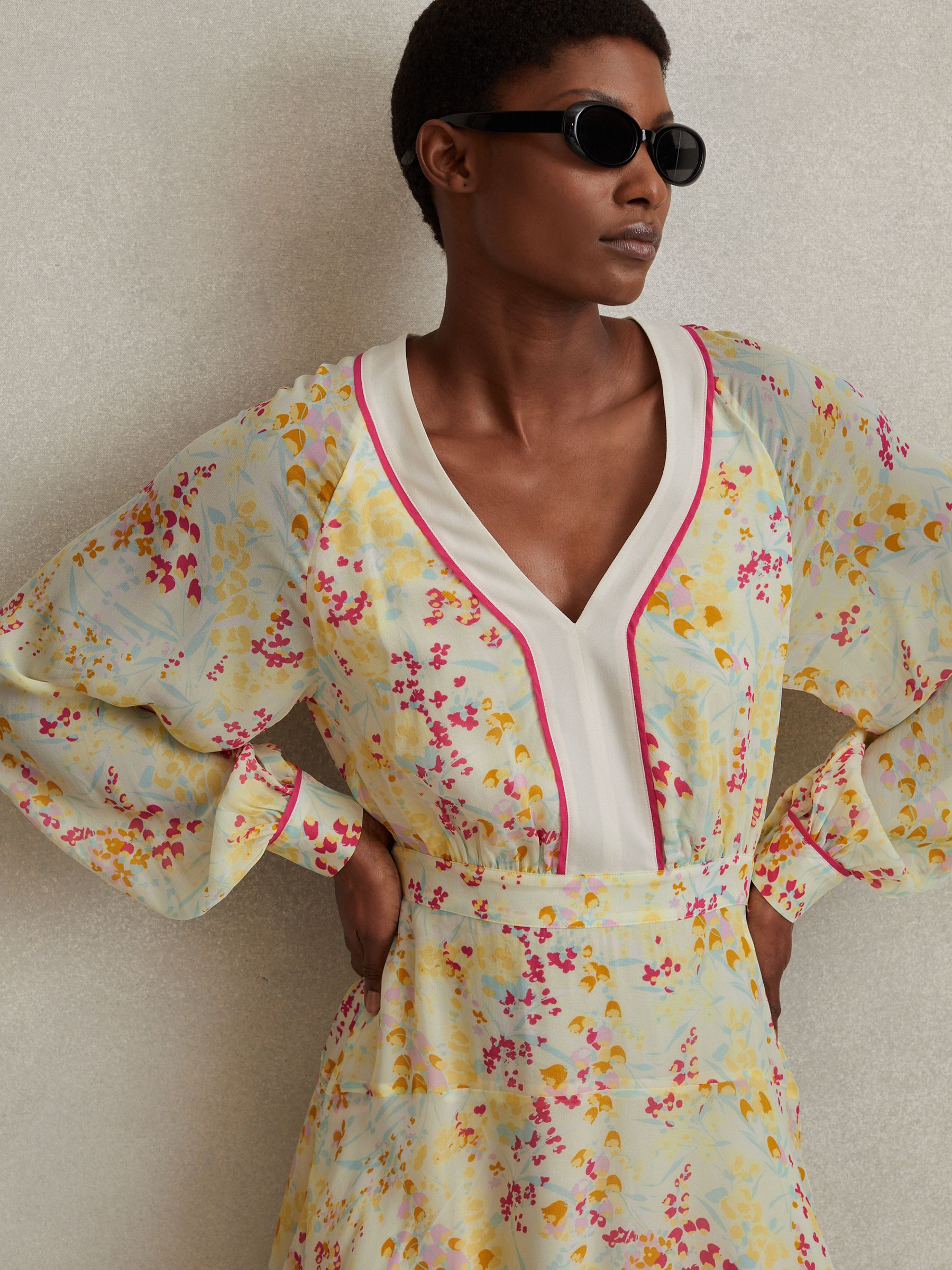 Floral Print Puff Sleeve Mini Dress in Pink/Yellow - Image 3 of 6
