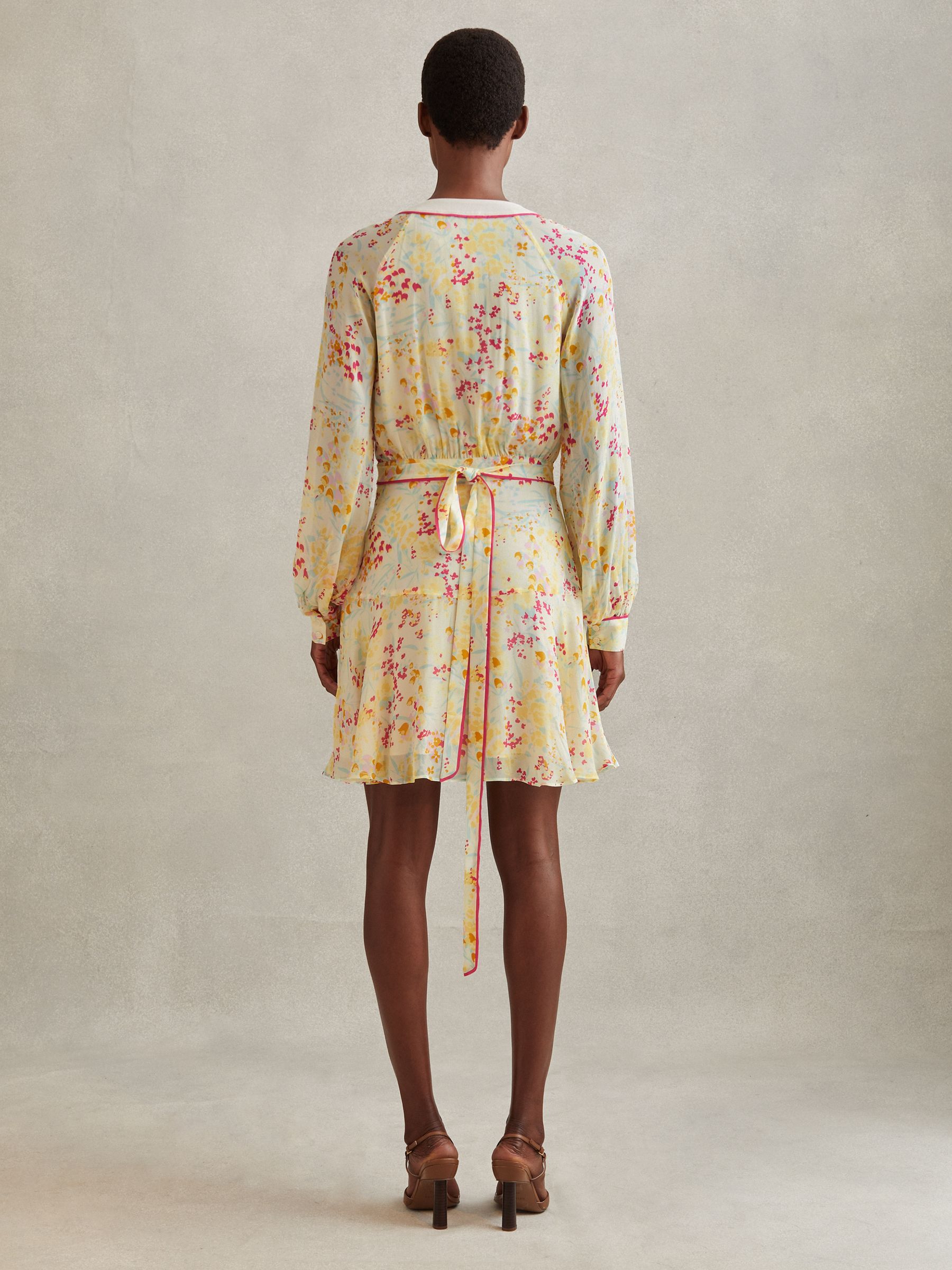 Floral Print Puff Sleeve Mini Dress in Pink/Yellow - Image 5 of 6