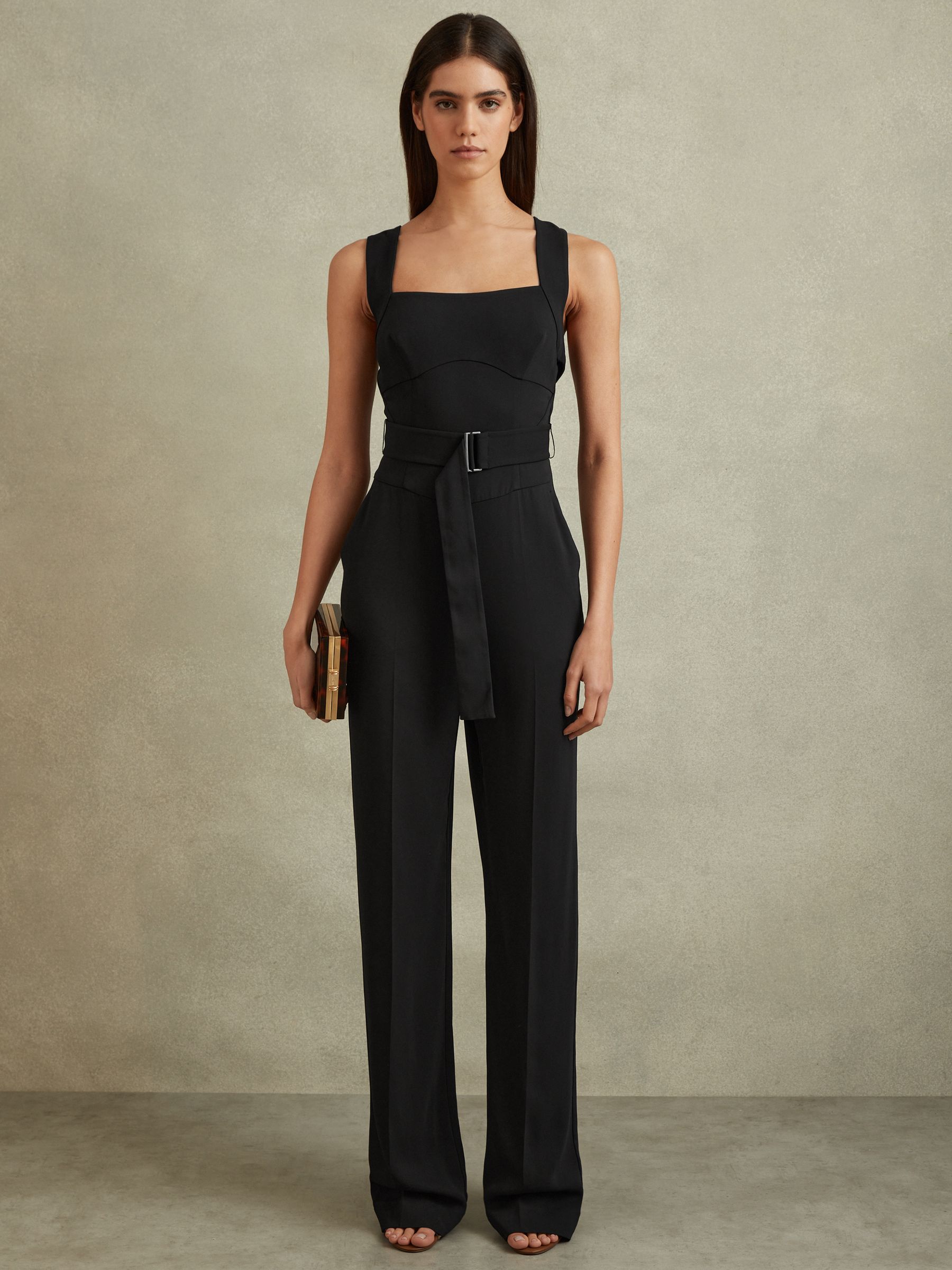 Cross Back Belted Jumpsuit in Black - Image 1 of 6
