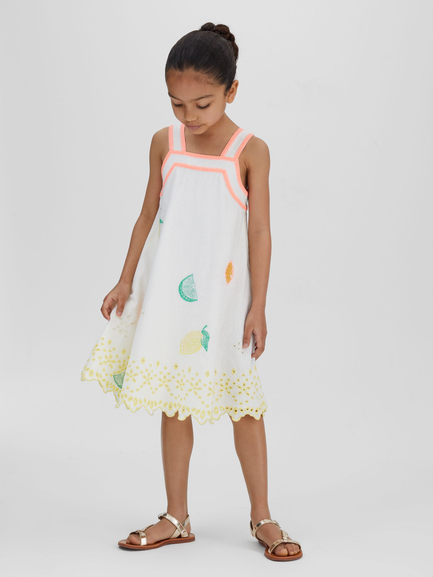 9-13 yrs Cotton-Linen Broderie Dress in Ivory Print - Image 3 of 4