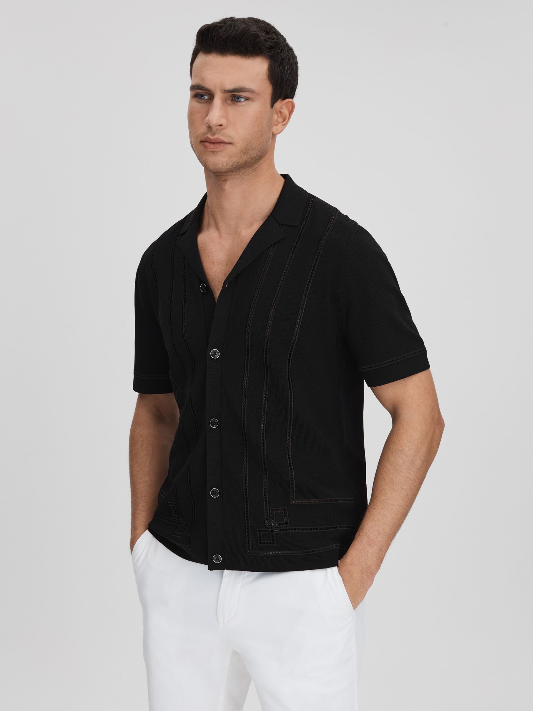 Embroidered Cuban Collar Shirt in Black - Image 1 of 6