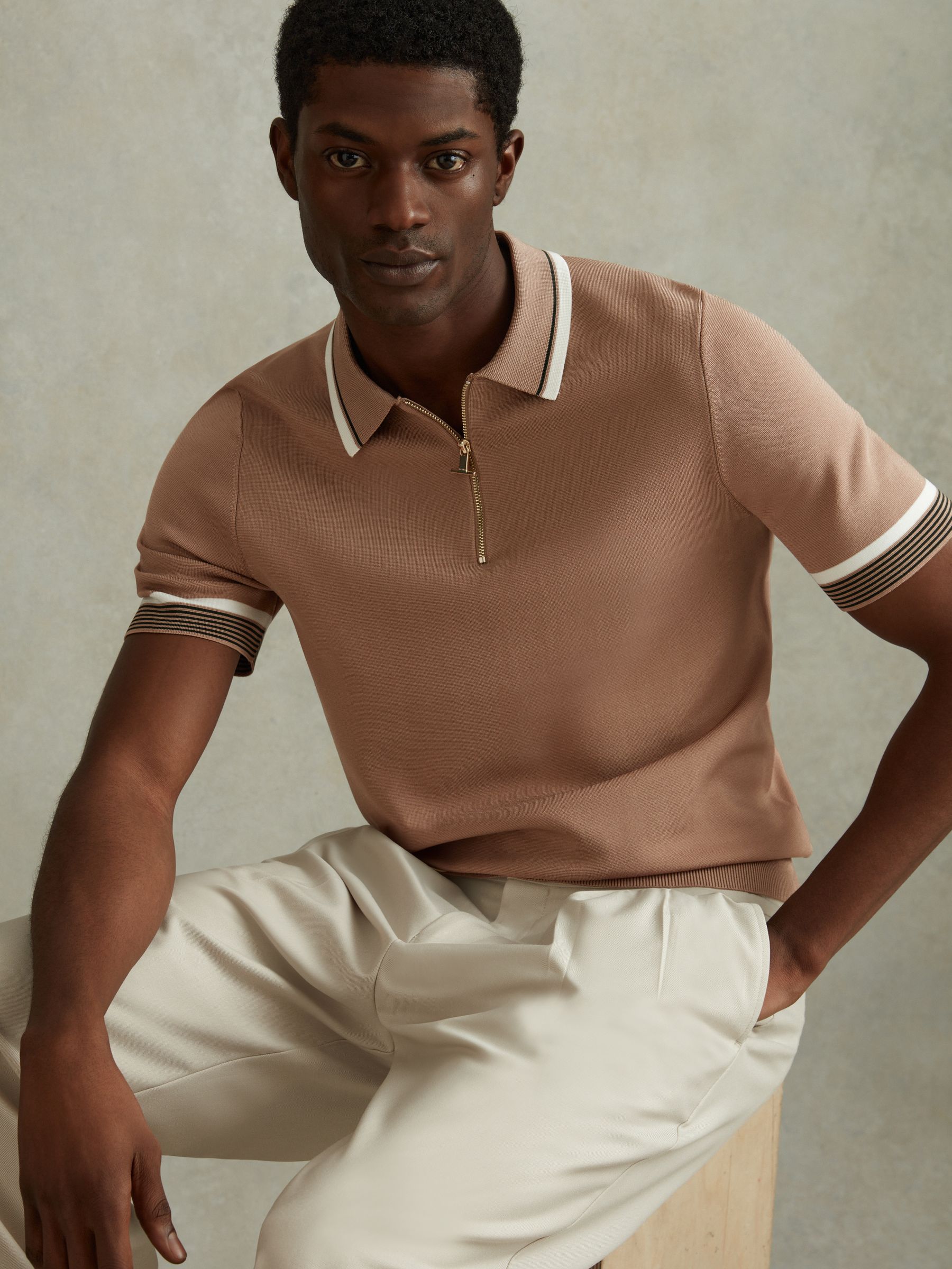 Half-Zip Polo Shirt in Warm Taupe - Image 1 of 6