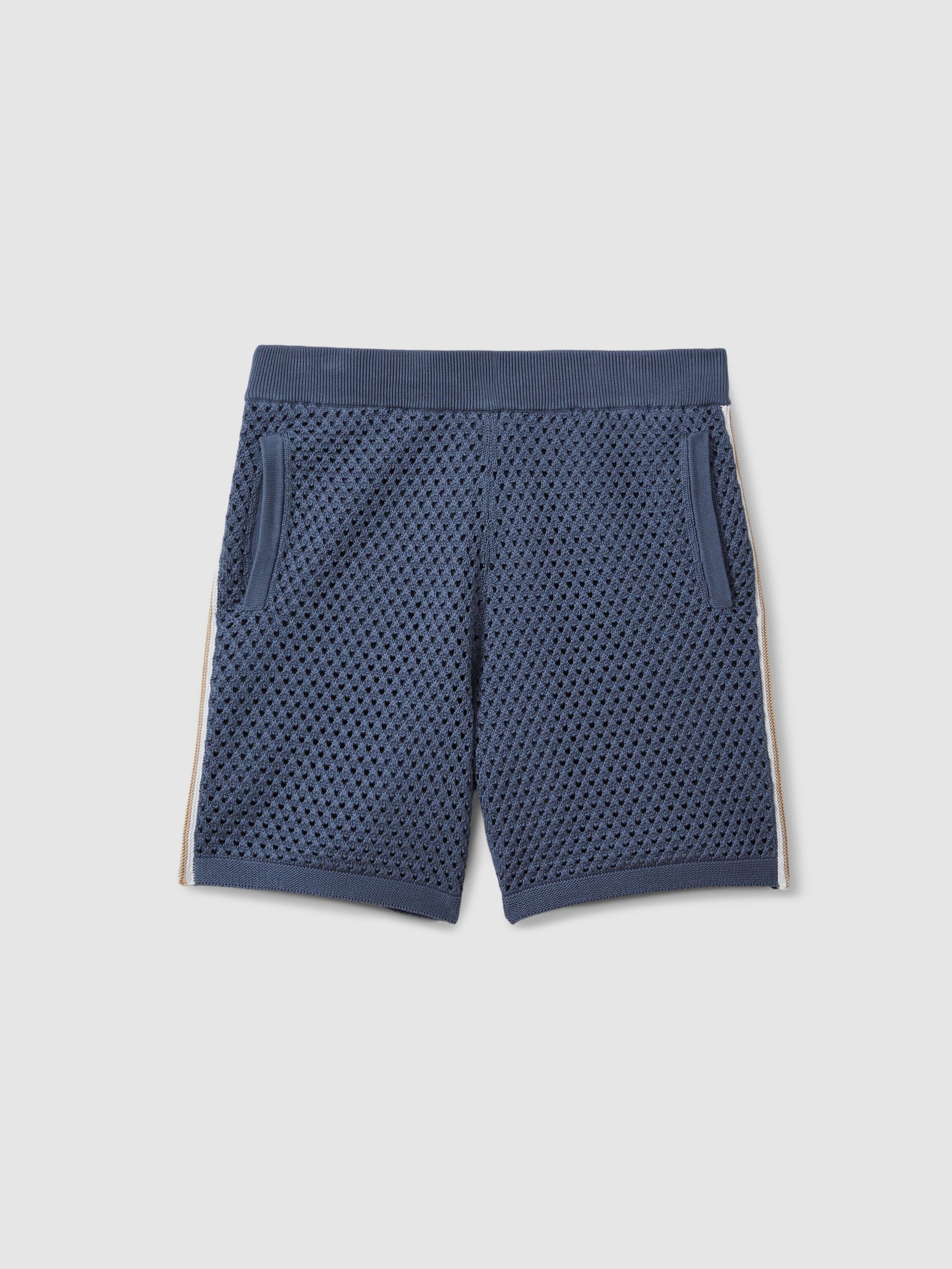 Cotton Blend Crochet Drawstring Shorts in Airforce Blue - Image 2 of 4