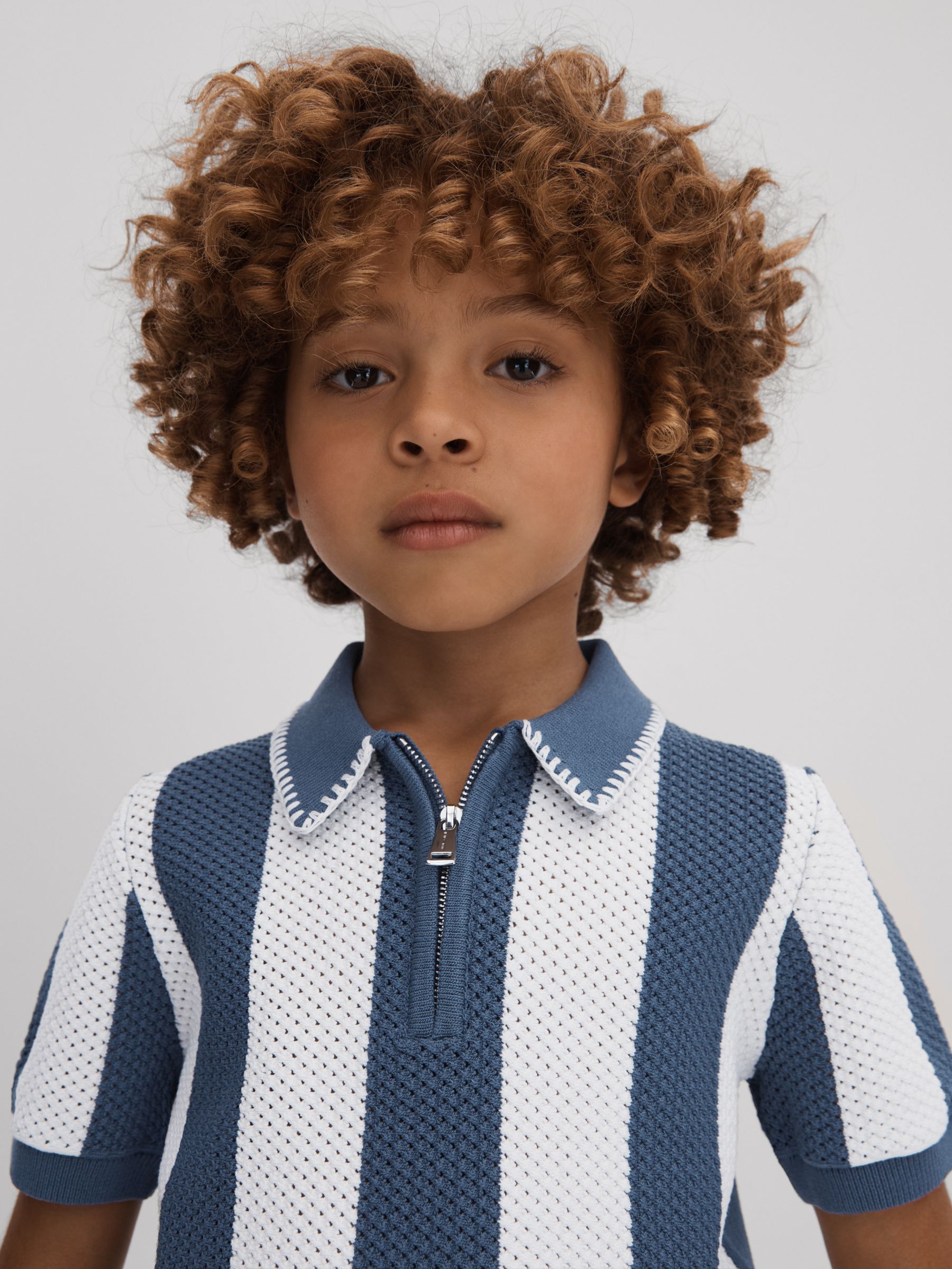 13-14 yrs Knitted Striped Half-Zip Polo Shirt in Airforce Blue/Ecru - Image 2 of 4