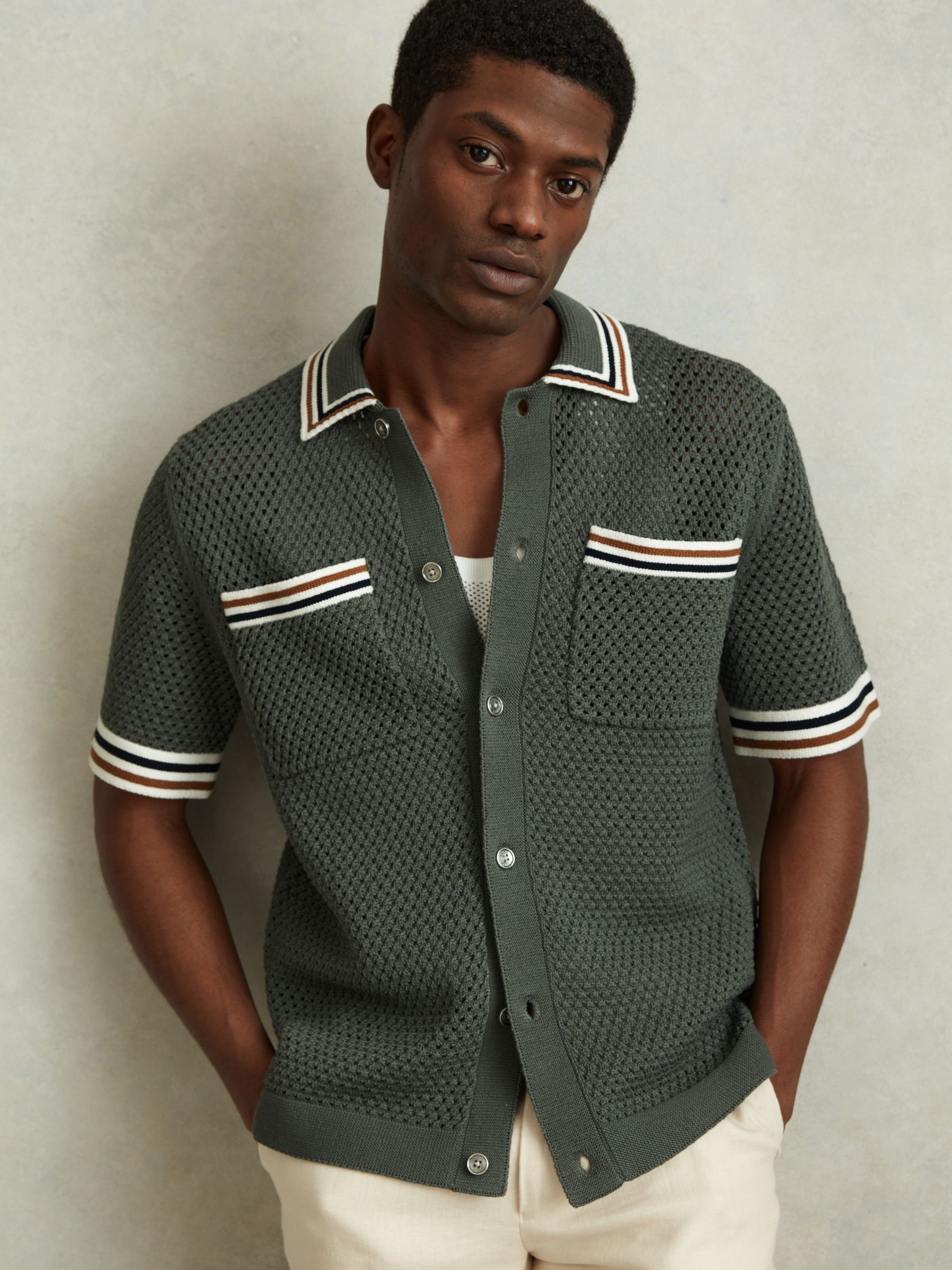 Cotton Blend Crochet Shirt in Dark Sage Green - Image 1 of 6