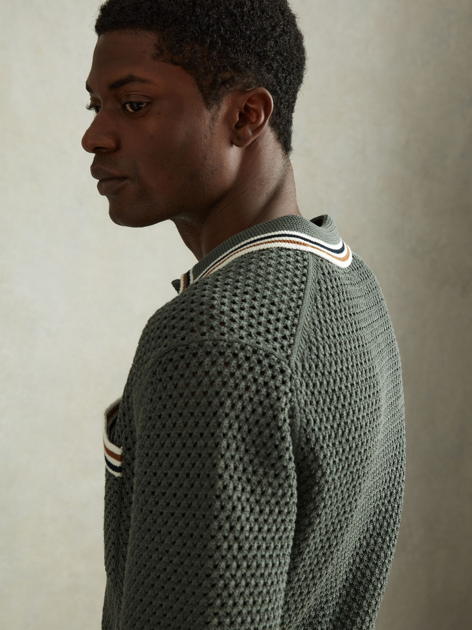 Cotton Blend Crochet Shirt in Dark Sage Green - Image 4 of 6