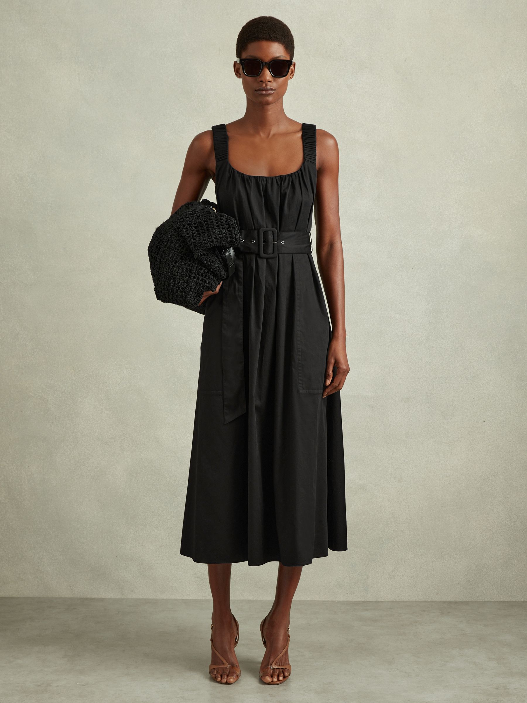 Cotton Ruched Strap Belted Midi Dress in Black - Image 1 of 5