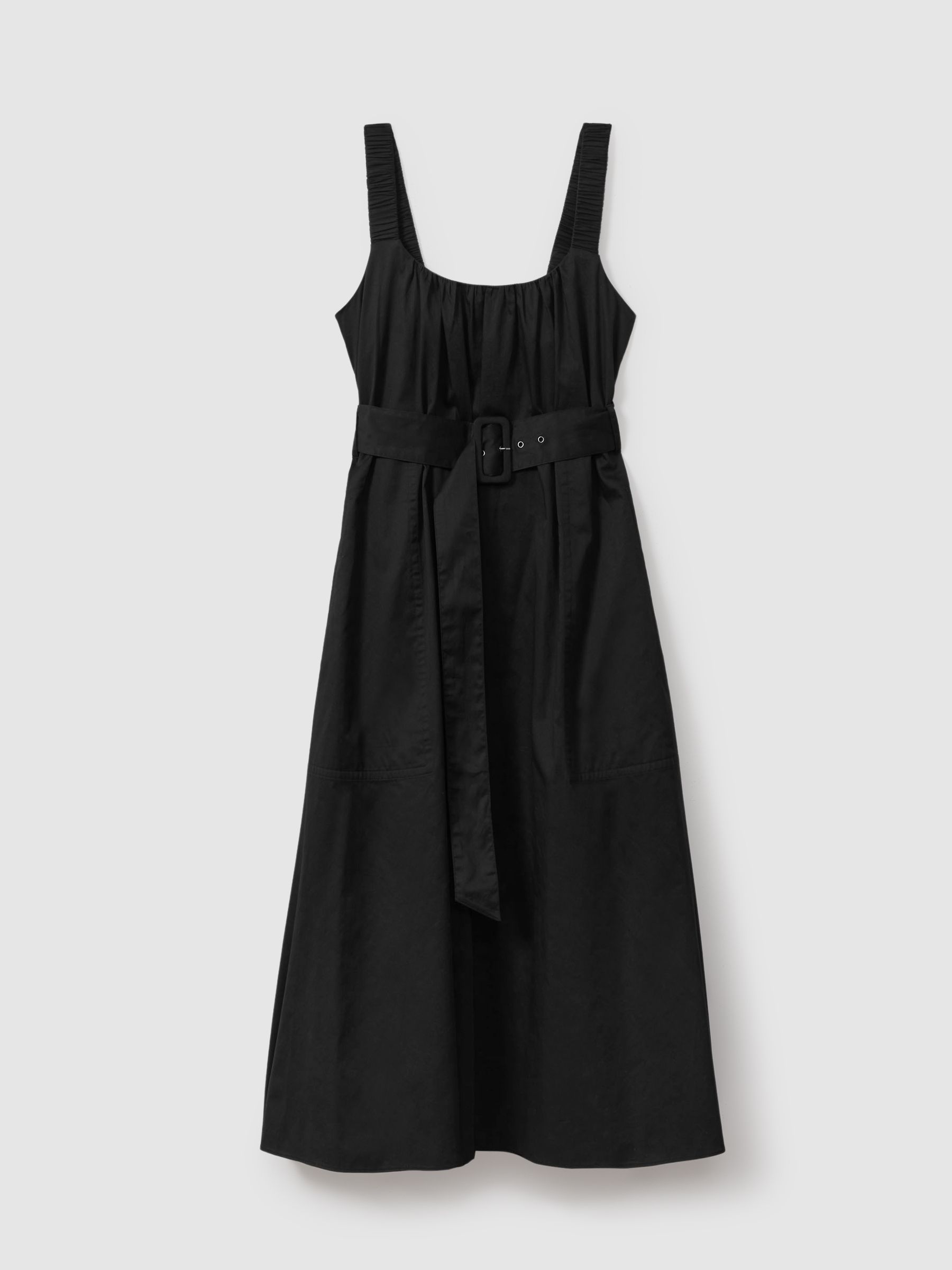 Cotton Ruched Strap Belted Midi Dress in Black - Image 2 of 5