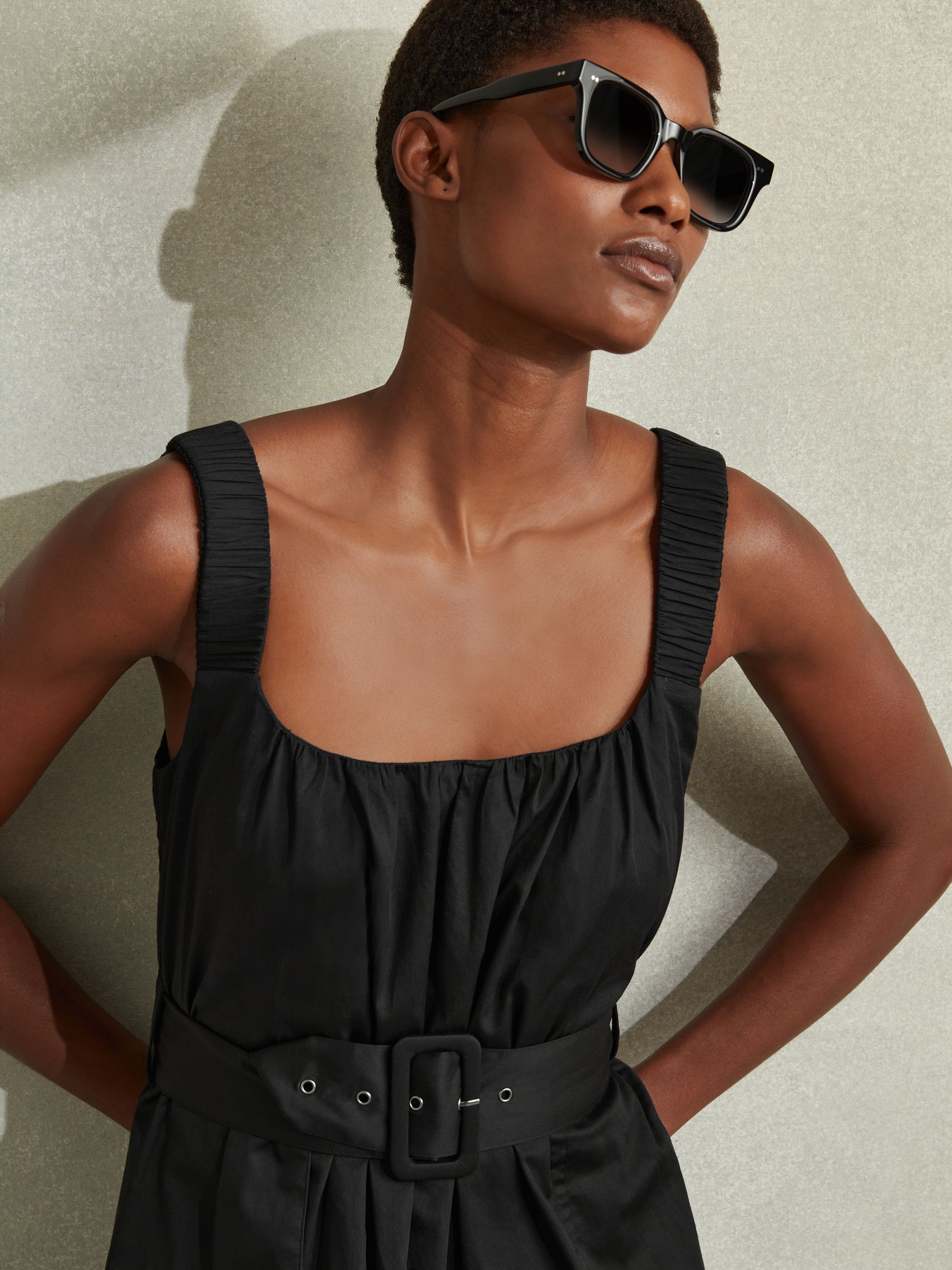 Cotton Ruched Strap Belted Midi Dress in Black - Image 3 of 5
