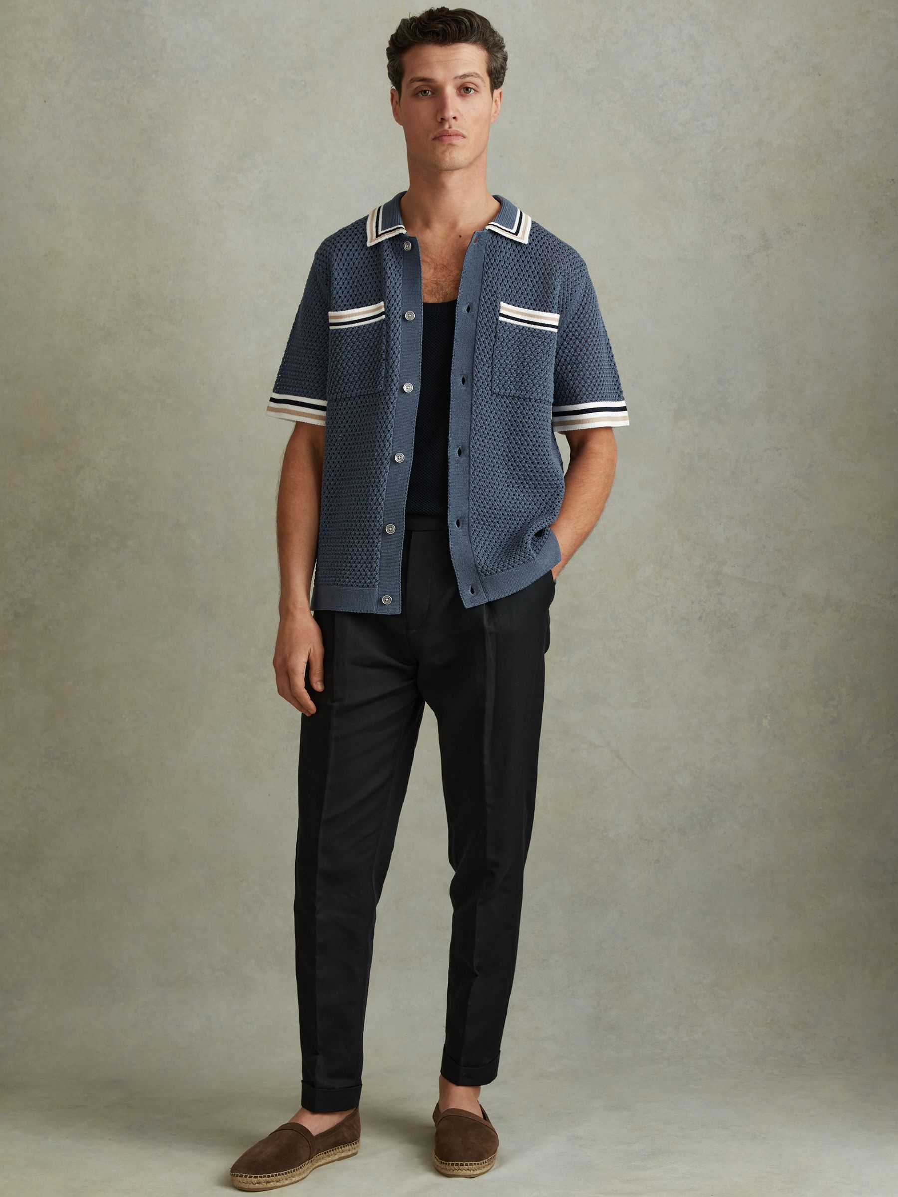 Cotton Blend Crochet Shirt in Airforce Blue - Image 3 of 5