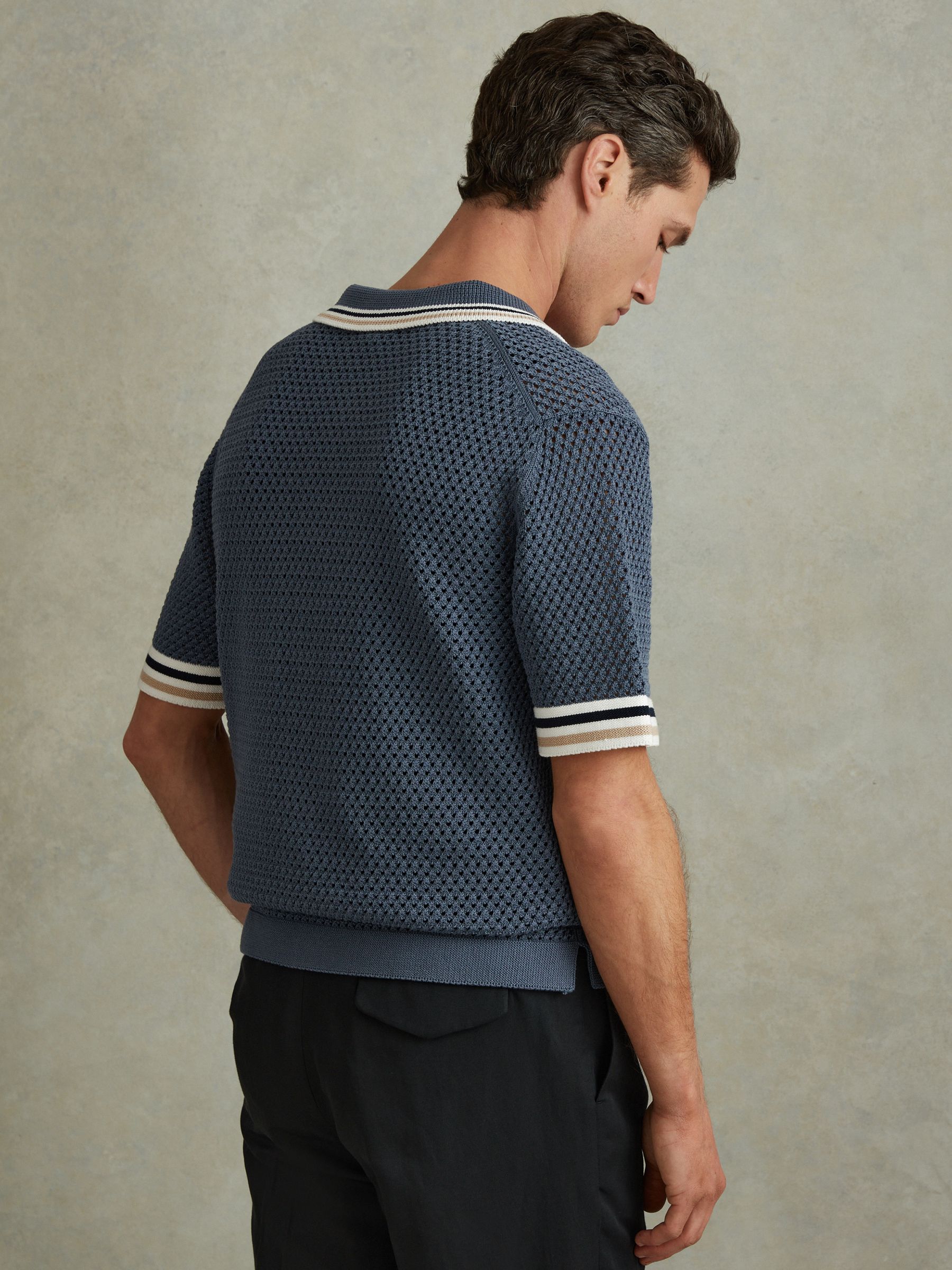 Cotton Blend Crochet Shirt in Airforce Blue - Image 4 of 5