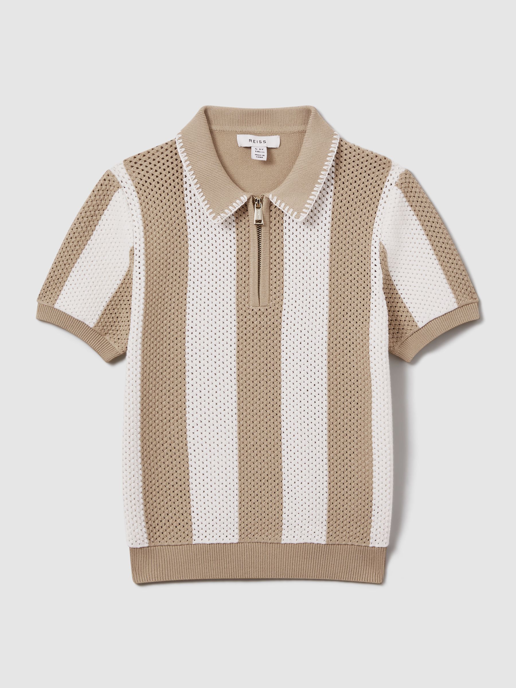 13-14 yrs Knitted Striped Half-Zip Polo Shirt in Soft Taupe/Optic White - Image 1 of 4