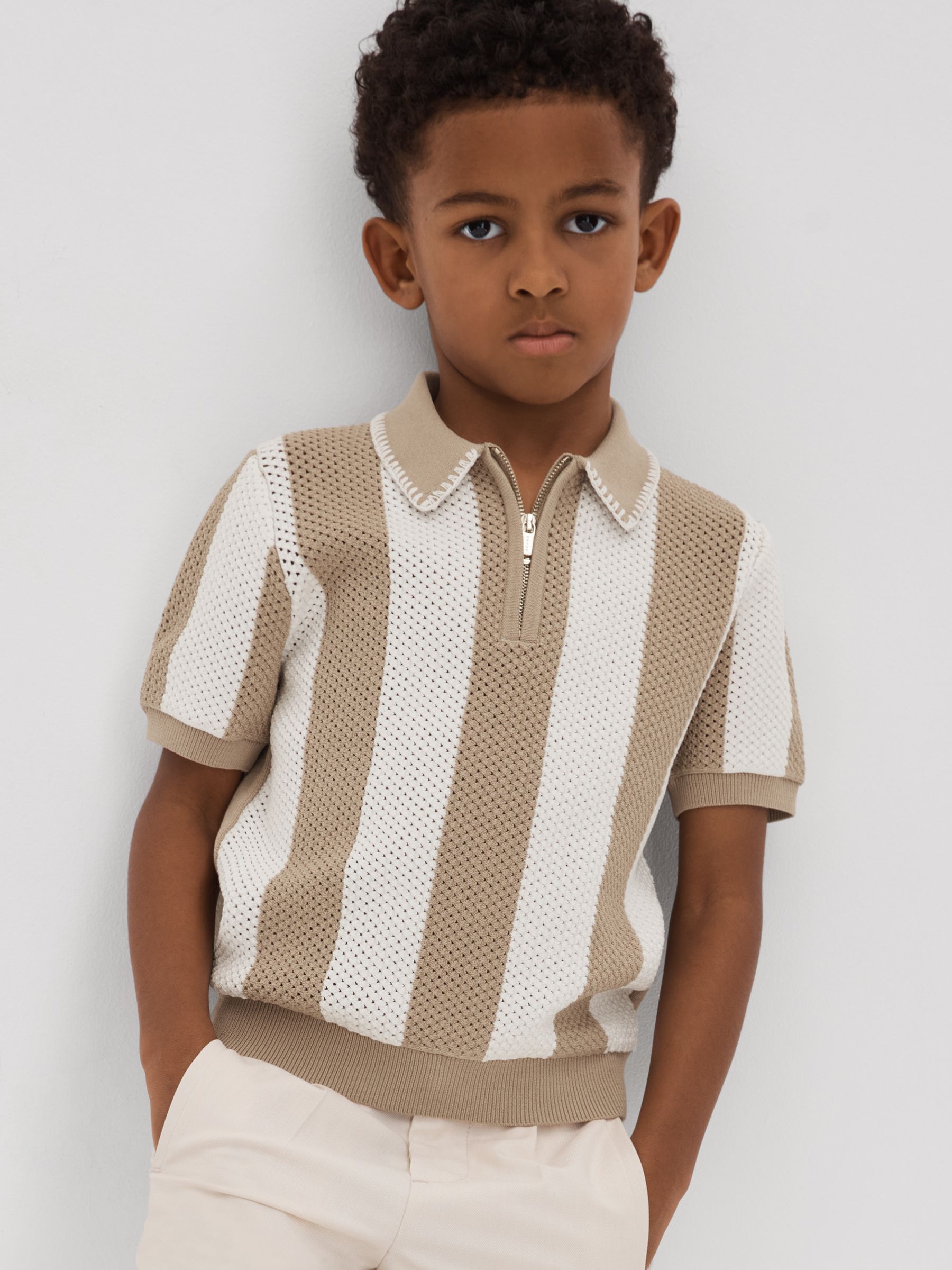 13-14 yrs Knitted Striped Half-Zip Polo Shirt in Soft Taupe/Optic White - Image 2 of 4 13-14 yrs Knitted Striped Half-Zip Polo Shirt in Soft Taupe/Optic White - Image 2 of 4