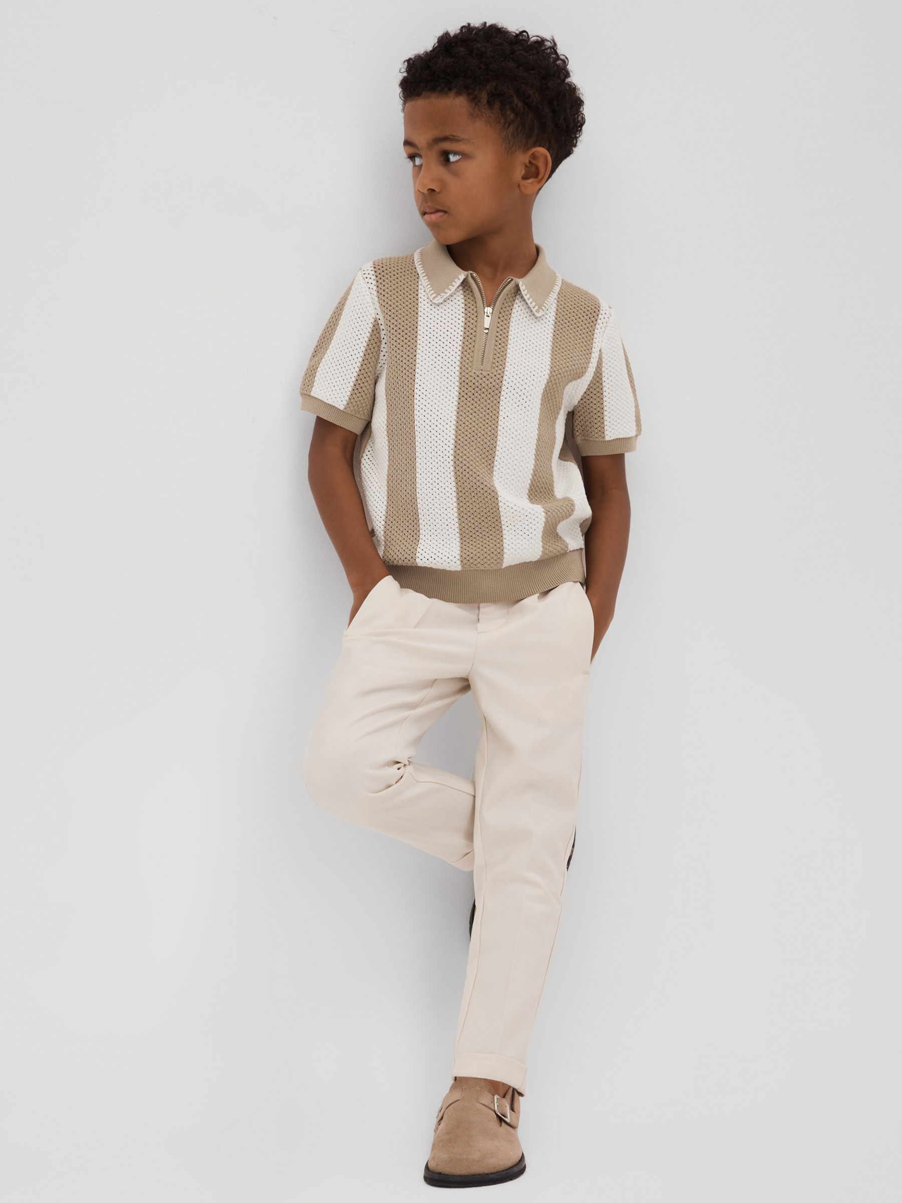 13-14 yrs Knitted Striped Half-Zip Polo Shirt in Soft Taupe/Optic White - Image 3 of 4