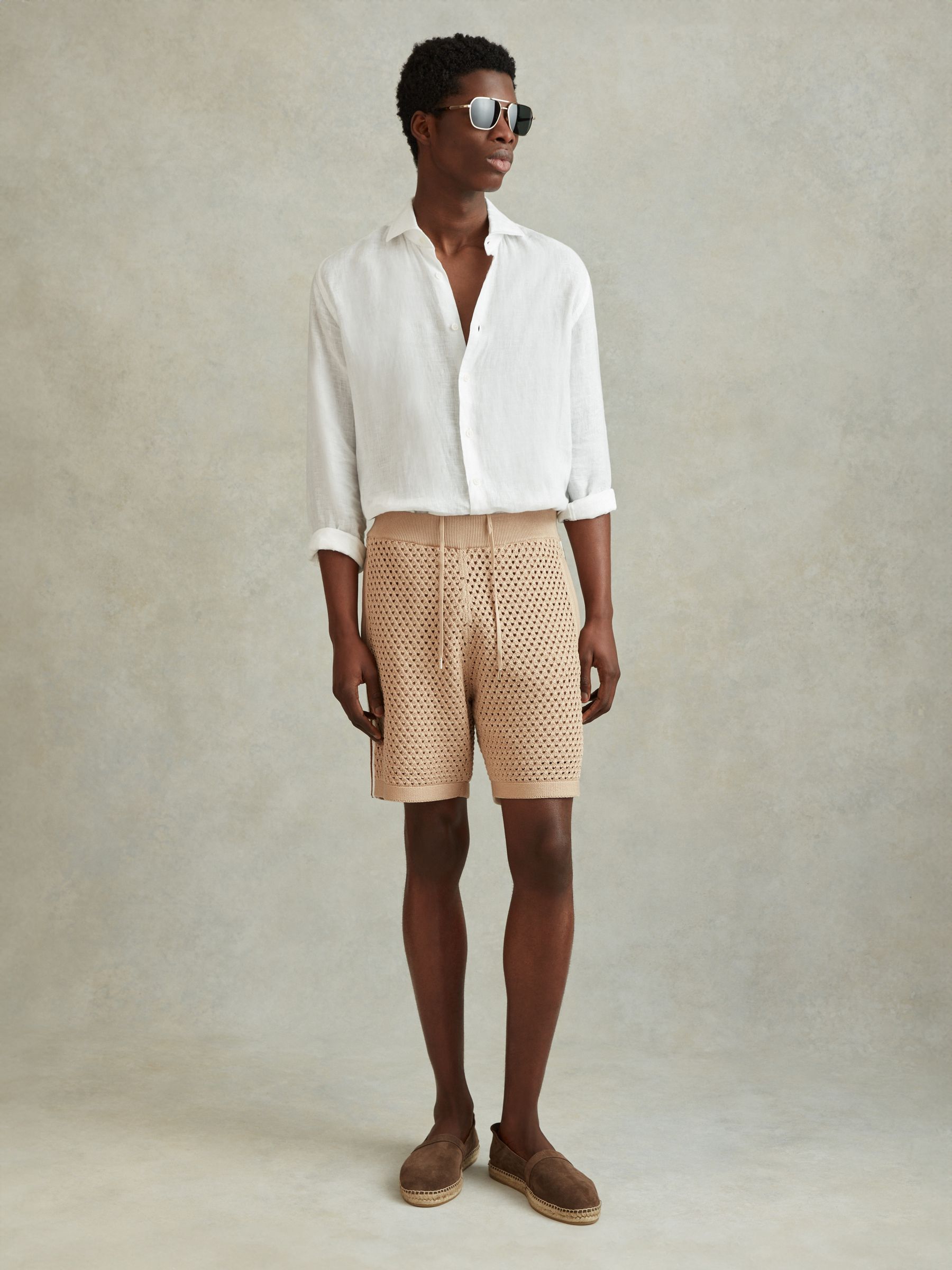 Cotton Blend Crochet Drawstring Shorts in Soft Taupe - Image 1 of 6