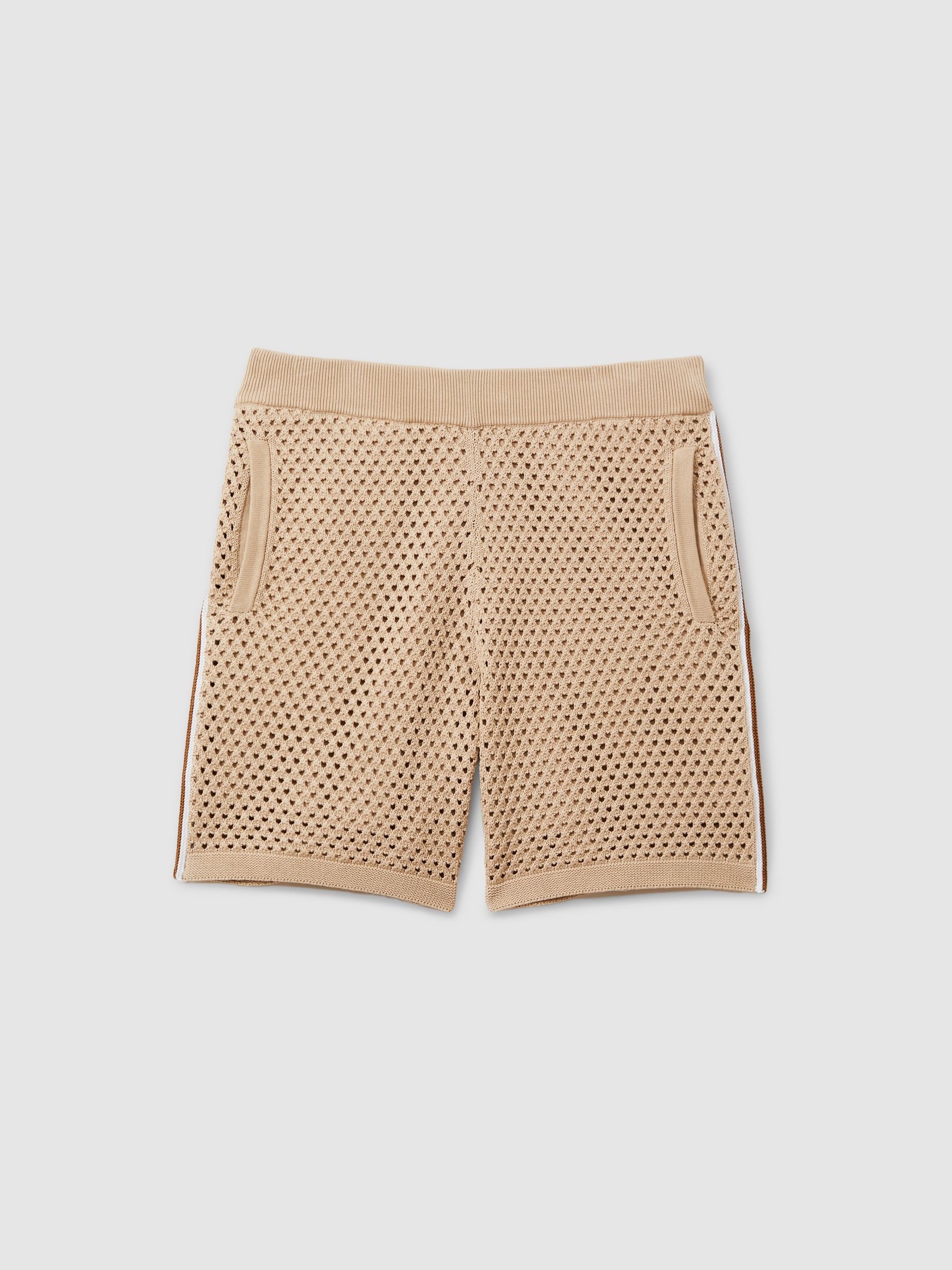 Cotton Blend Crochet Drawstring Shorts in Soft Taupe - Image 2 of 6