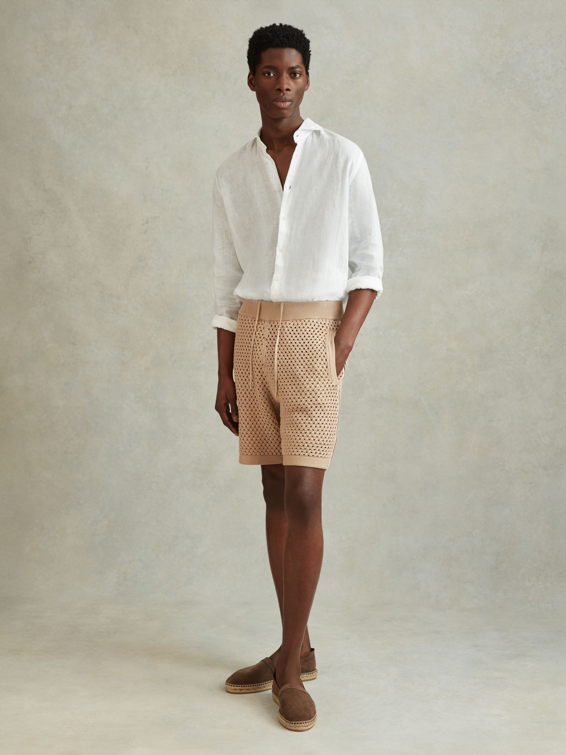 Cotton Blend Crochet Drawstring Shorts in Soft Taupe - Image 3 of 6