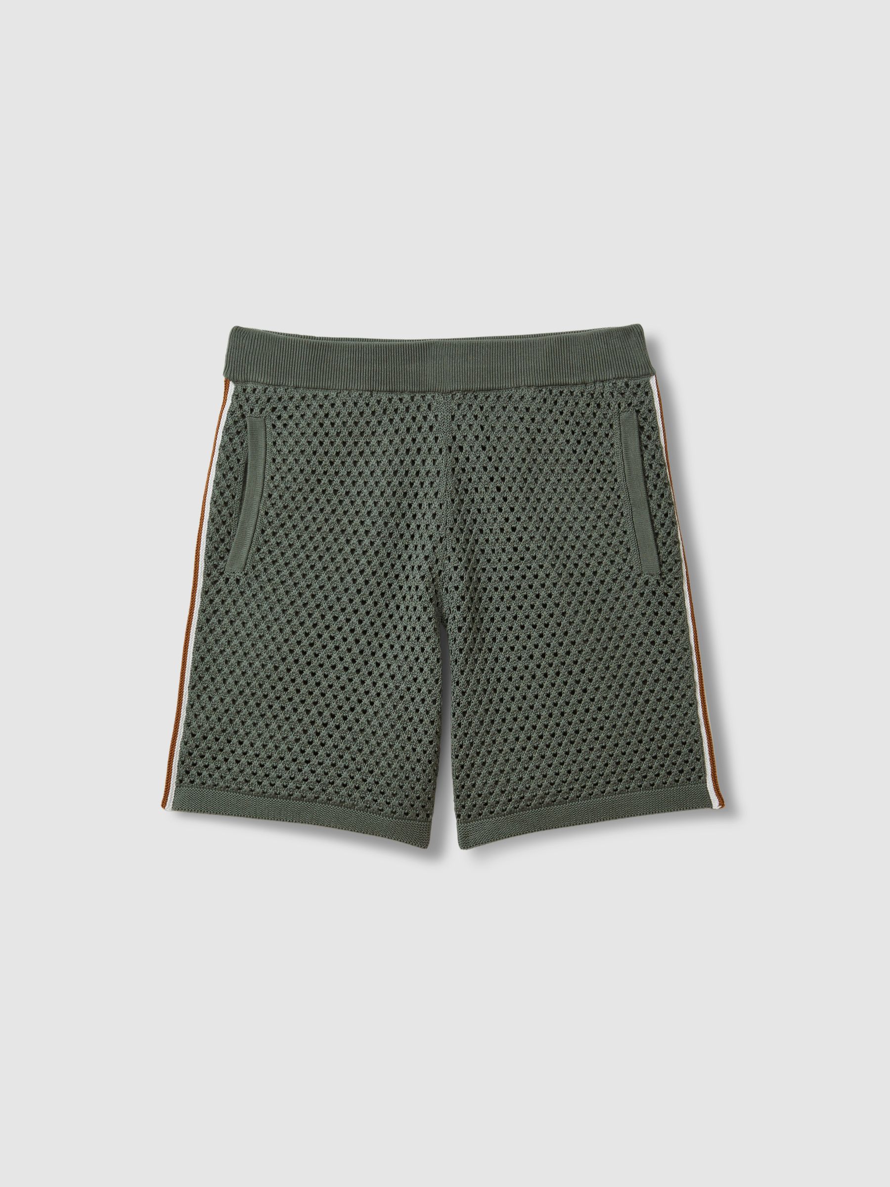 Cotton Blend Crochet Drawstring Shorts in Dark Sage Green - Image 2 of 6
