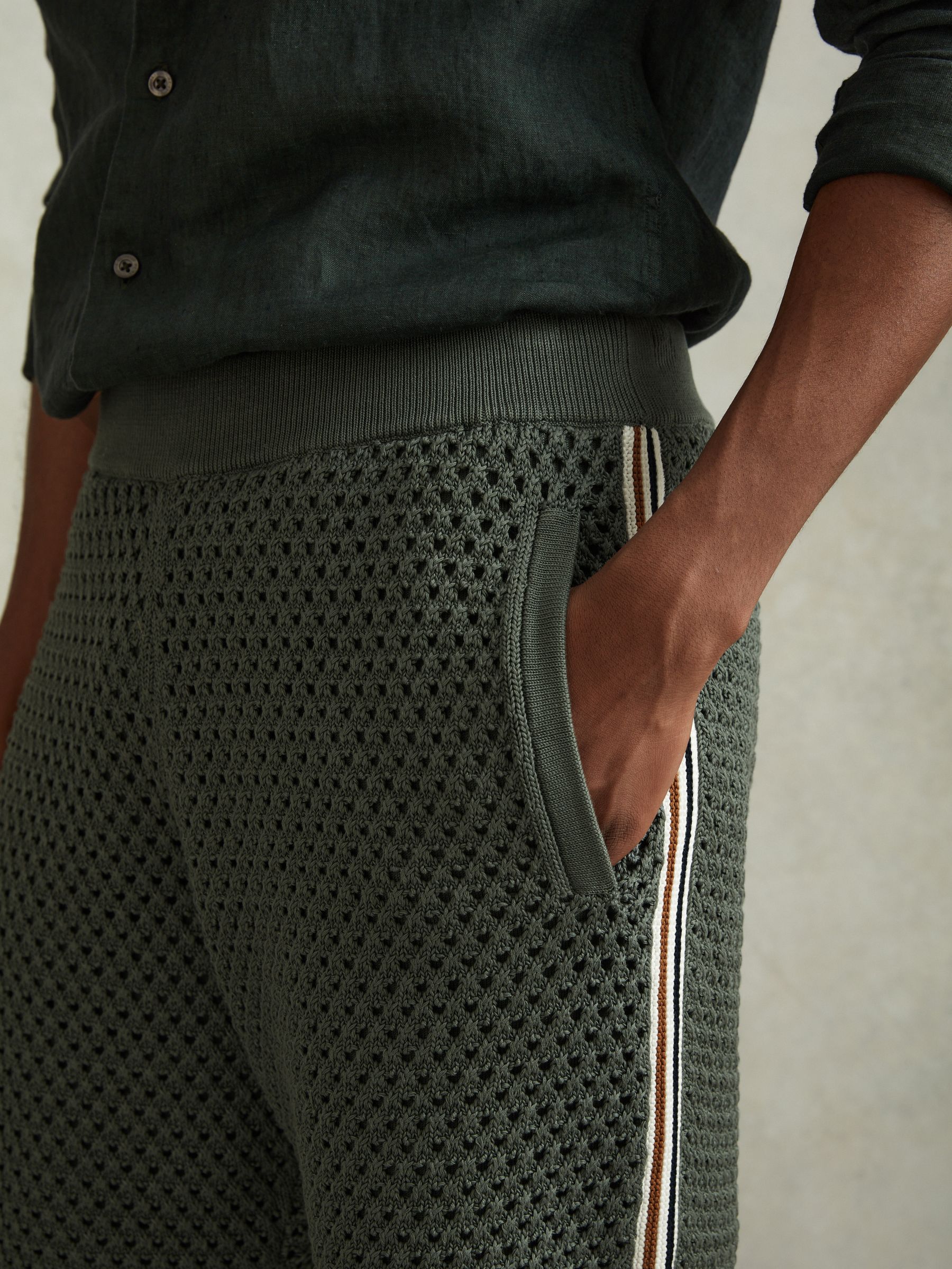 Cotton Blend Crochet Drawstring Shorts in Dark Sage Green - Image 4 of 6