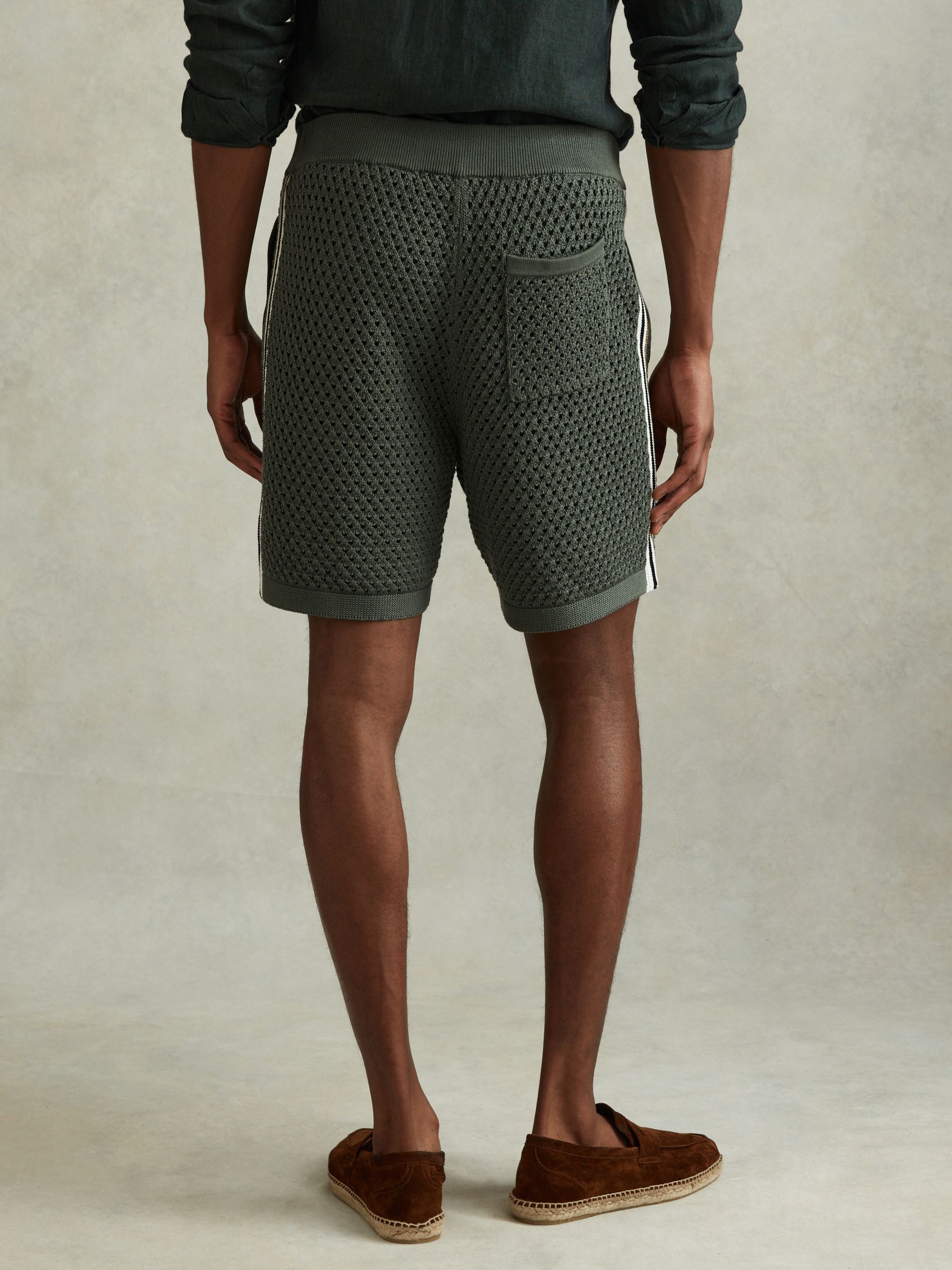 Cotton Blend Crochet Drawstring Shorts in Dark Sage Green - Image 5 of 6