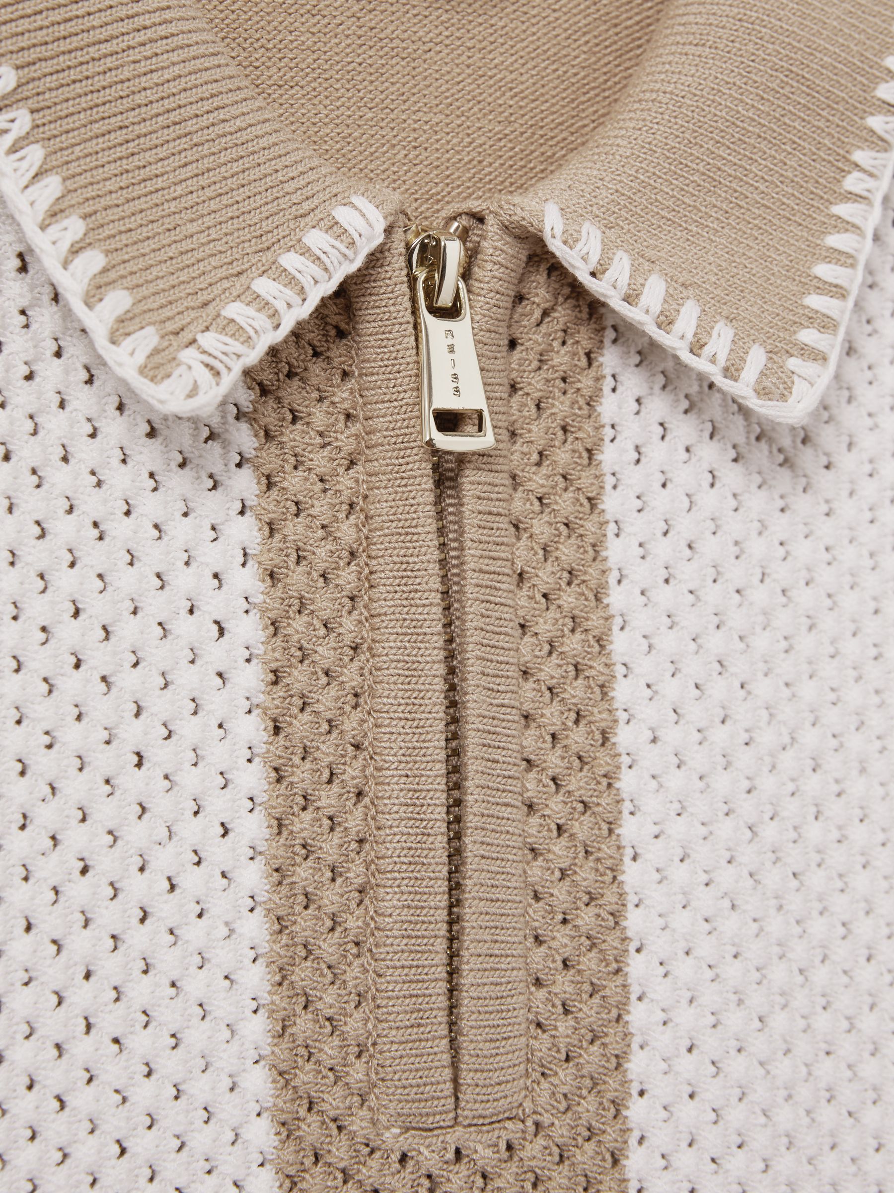 9-13 yrs Knitted Striped Half-Zip Polo Shirt in Soft Taupe/Optic White - Image 4 of 4