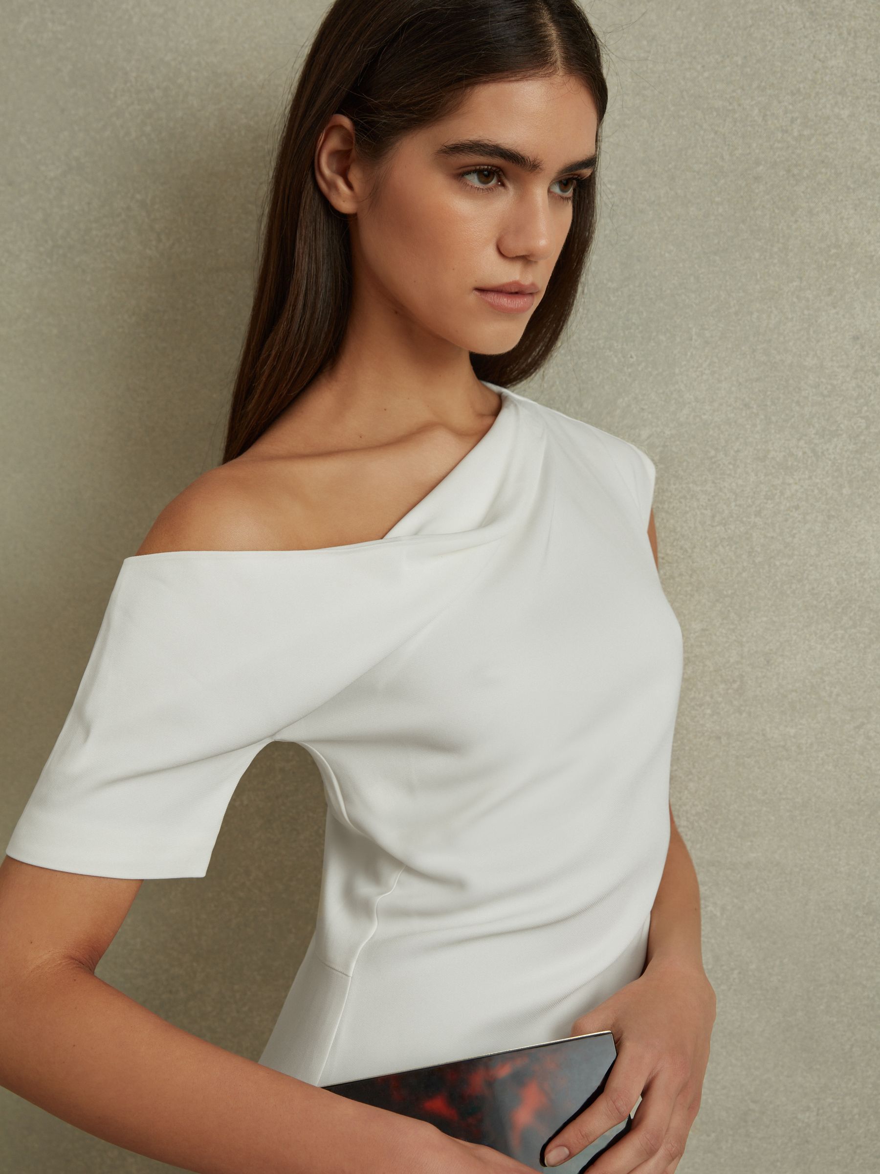 Draped Bodycon Midi Dress in Ivory - Image 5 of 6