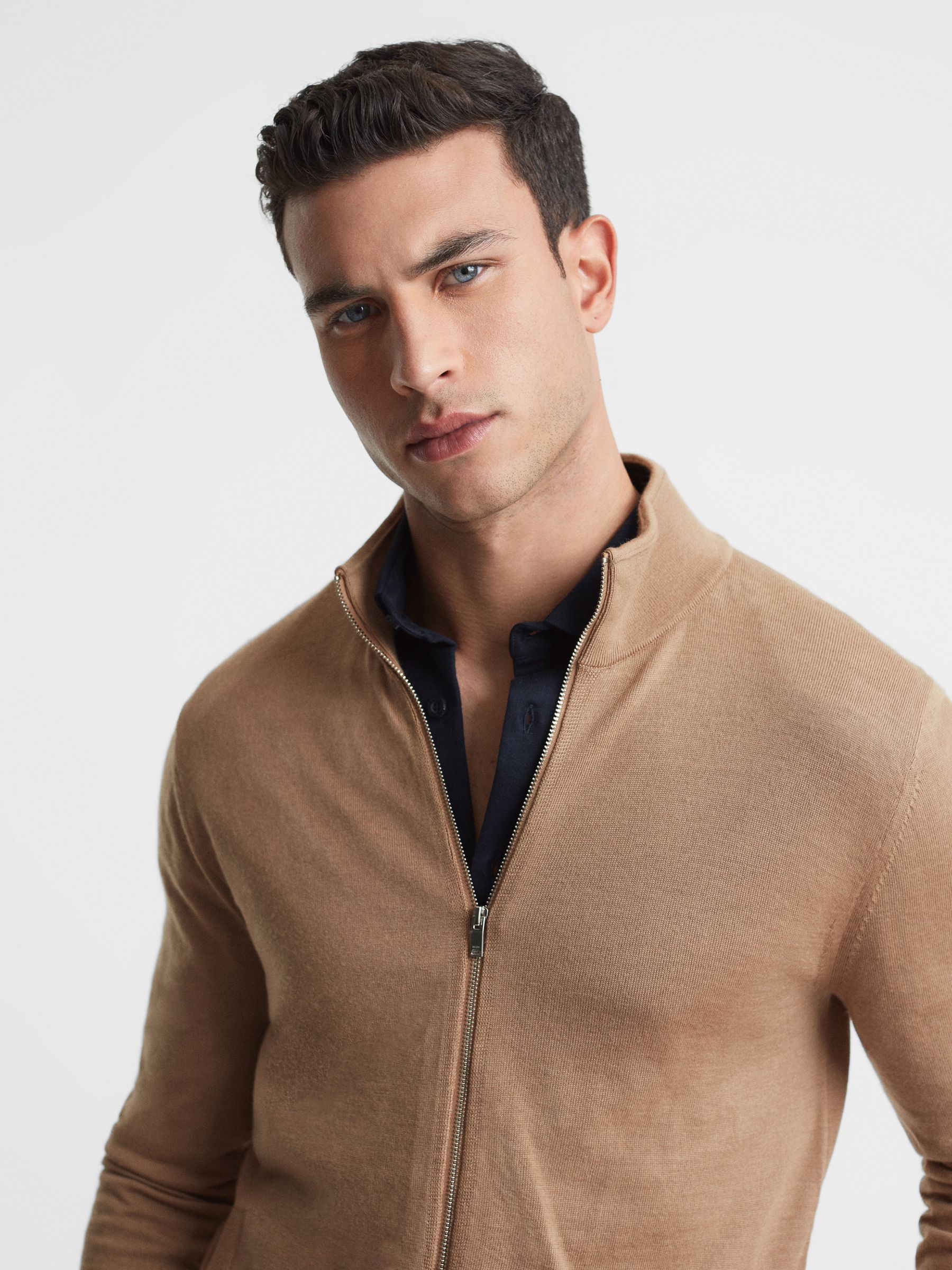 Merino Wool Funnel-Neck Cardigan in Camel - Image 1 of 5