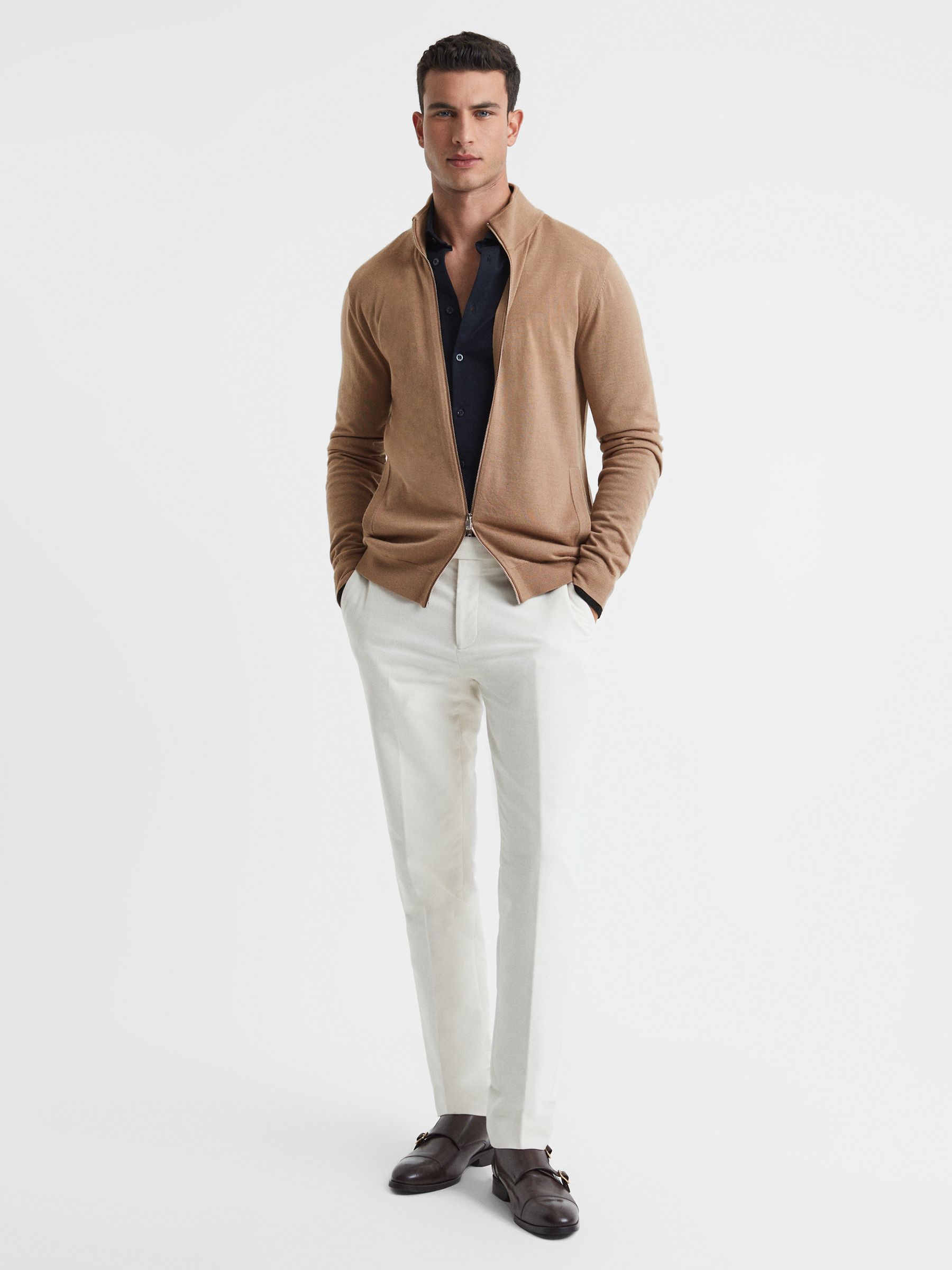 Merino Wool Funnel-Neck Cardigan in Camel - Image 4 of 5