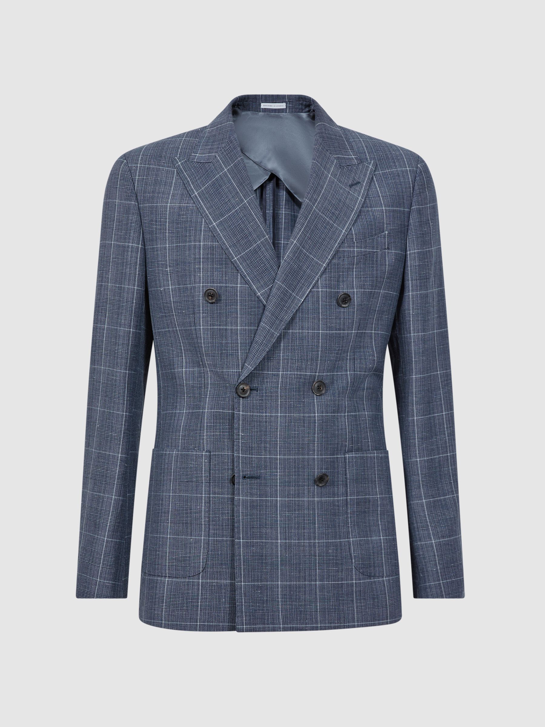 Slim Fit Wool Linen Check Double Breasted Blazer in Indigo - Image 2 of 7