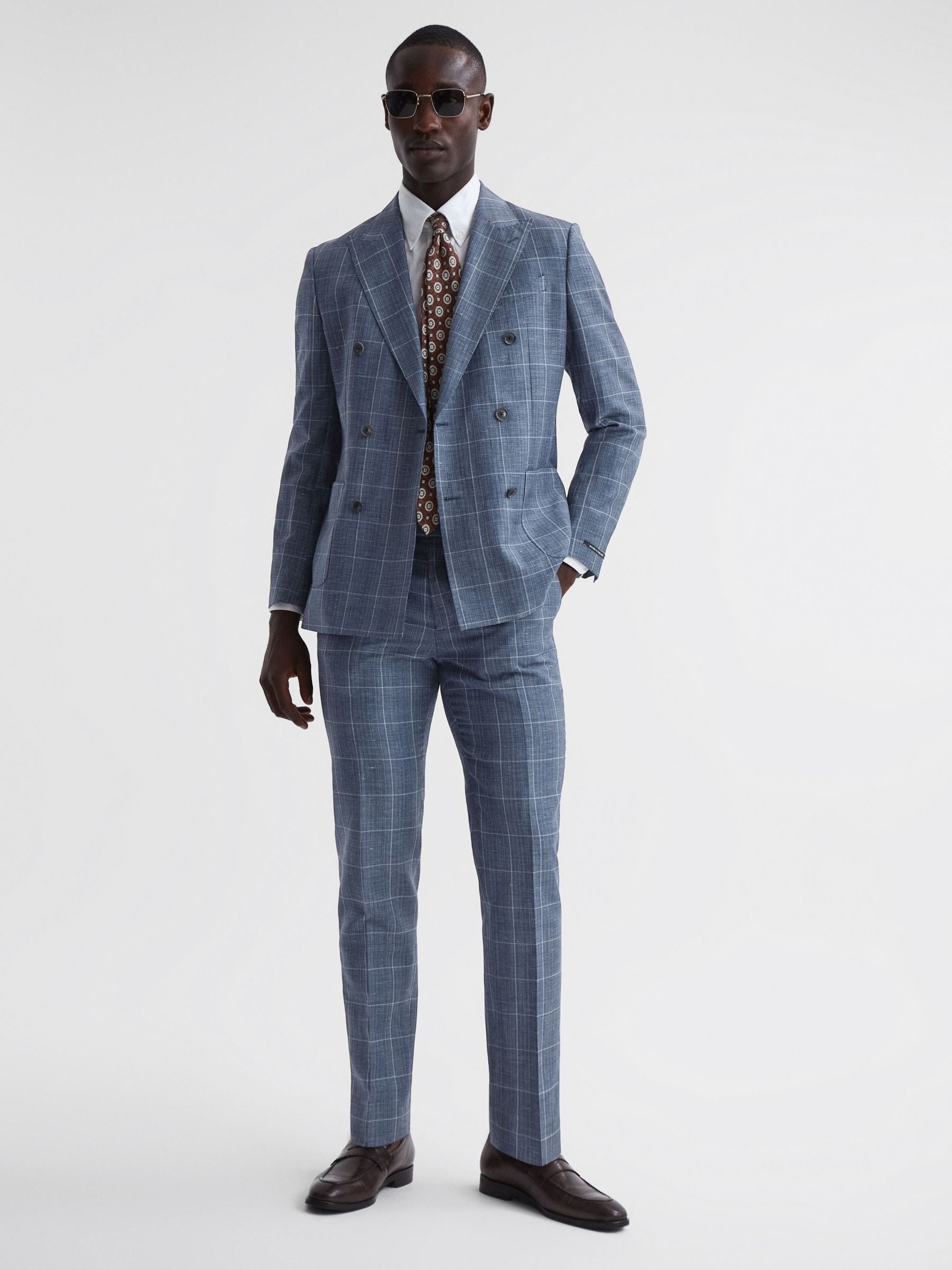 Slim Fit Wool Linen Check Double Breasted Blazer in Indigo - Image 3 of 7