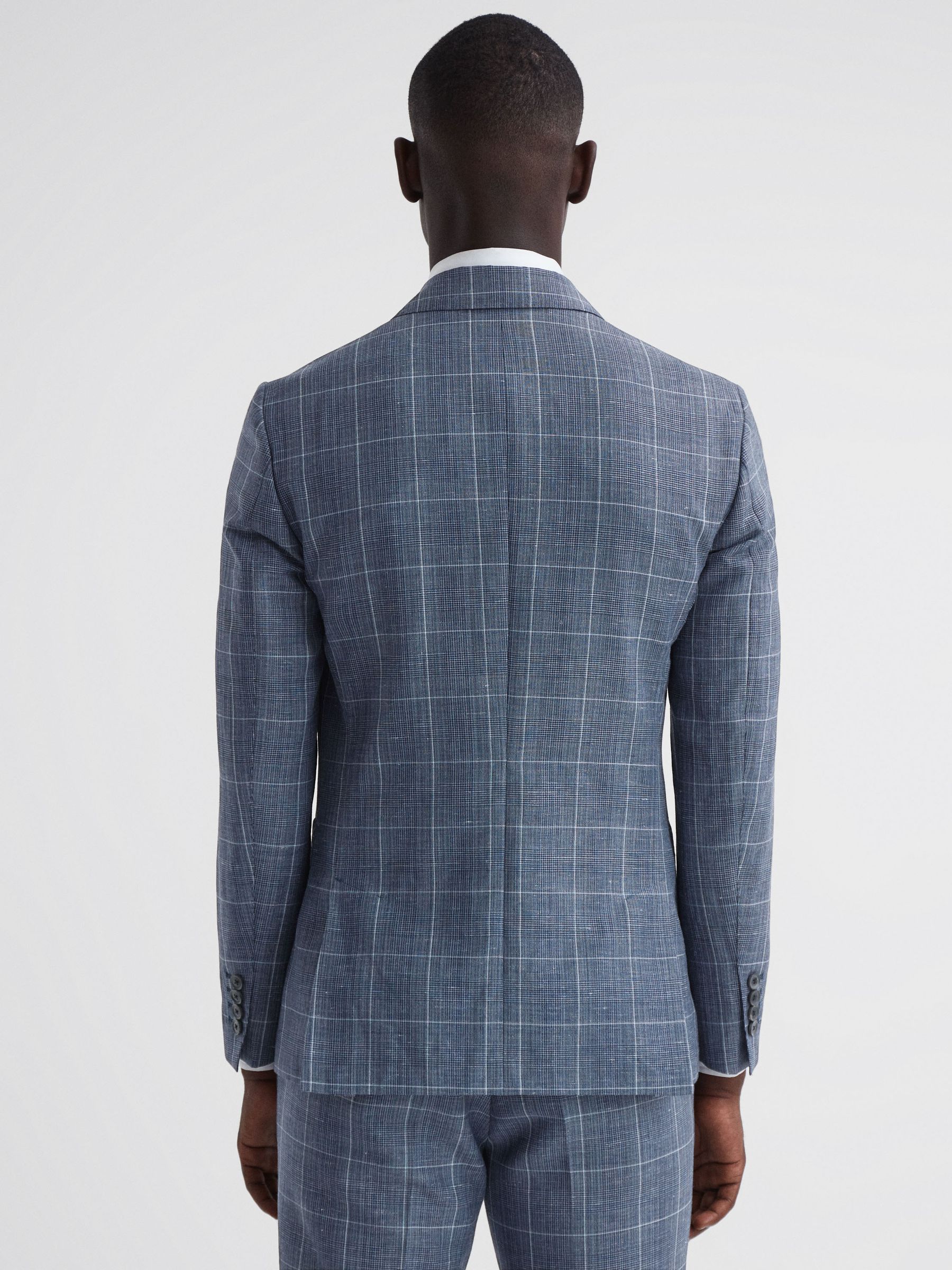 Slim Fit Wool Linen Check Double Breasted Blazer in Indigo - Image 5 of 7