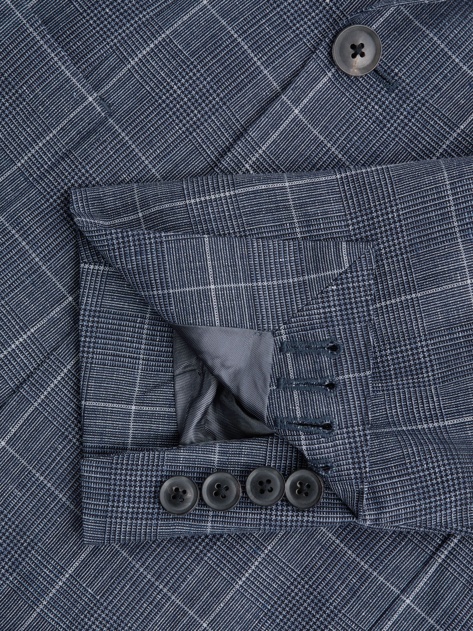 Slim Fit Wool Linen Check Double Breasted Blazer in Indigo - Image 6 of 7