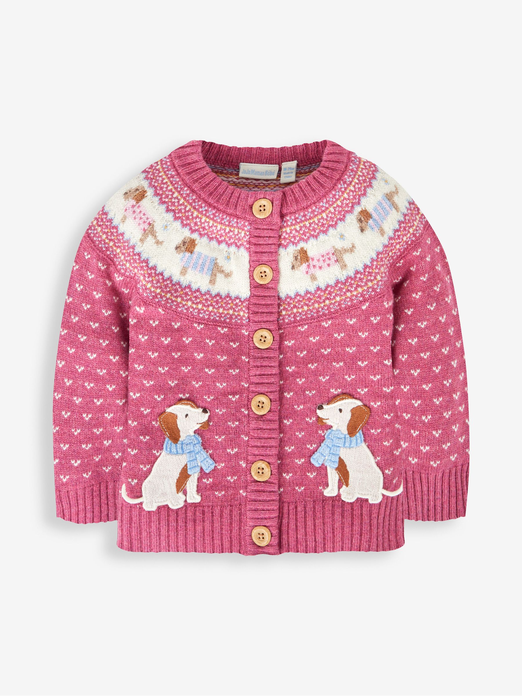 Rose Pink Sausage Dog Fairisle Pattern Cardigan JoJo Maman Bébé