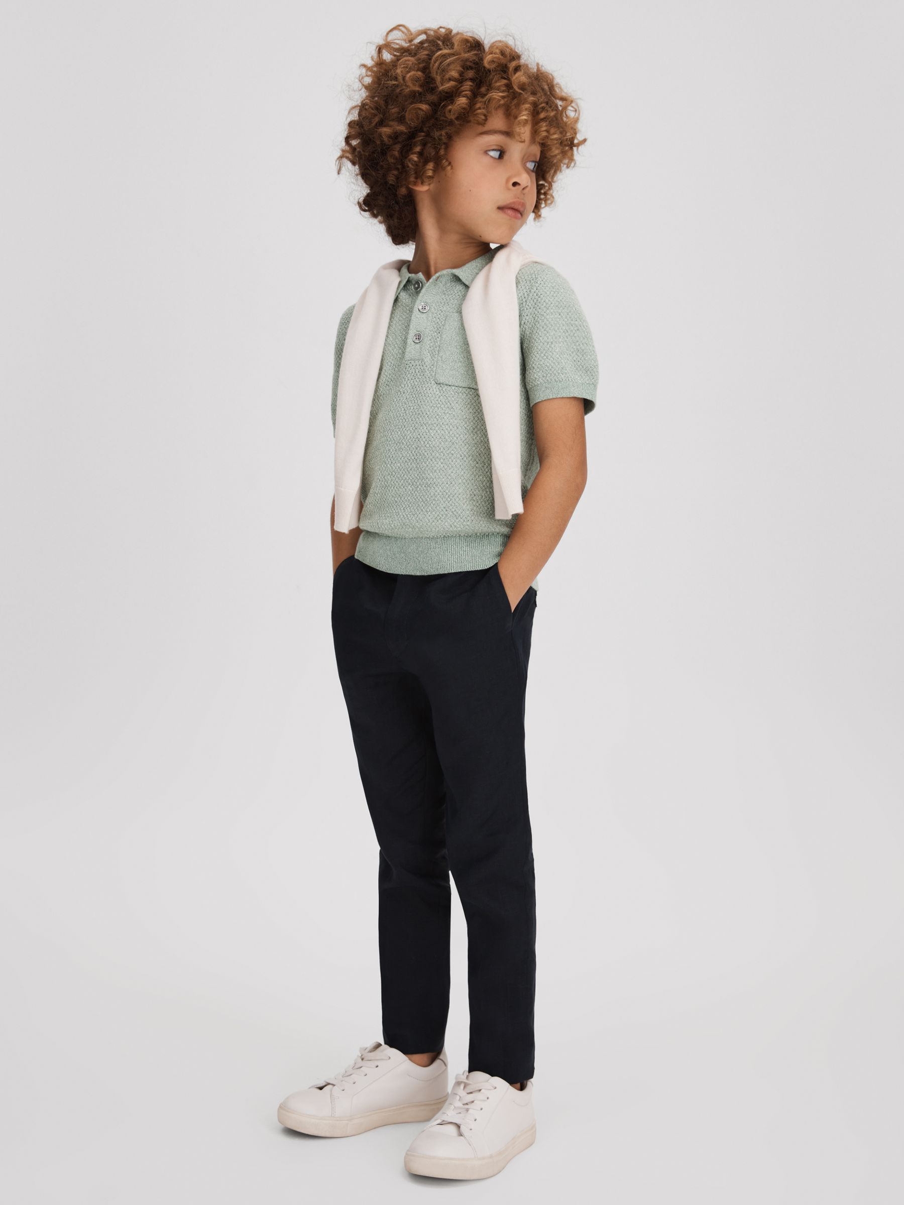 9-13 yrs Textured Cotton Polo Shirt in Sage Melange - Image 3 of 4